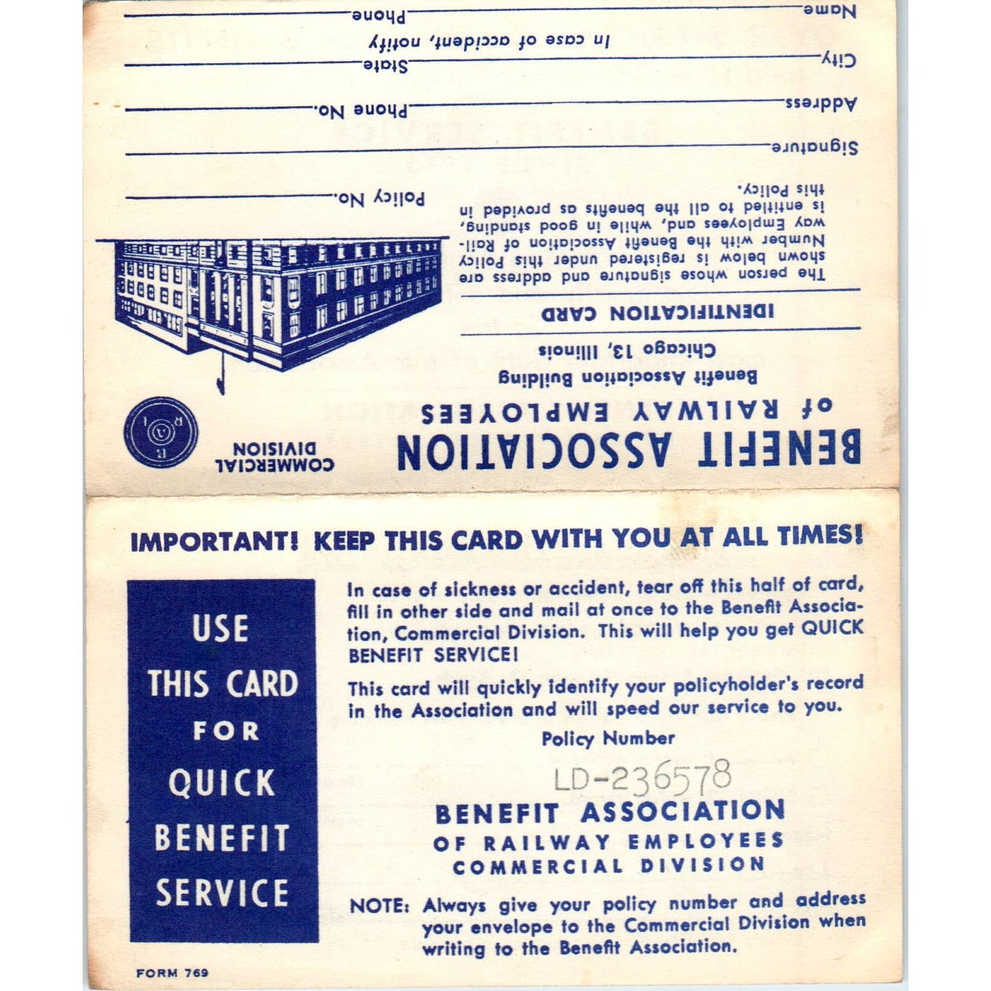 1950s Benefit Association of Railway Employees Identification Card UNUSED SE5