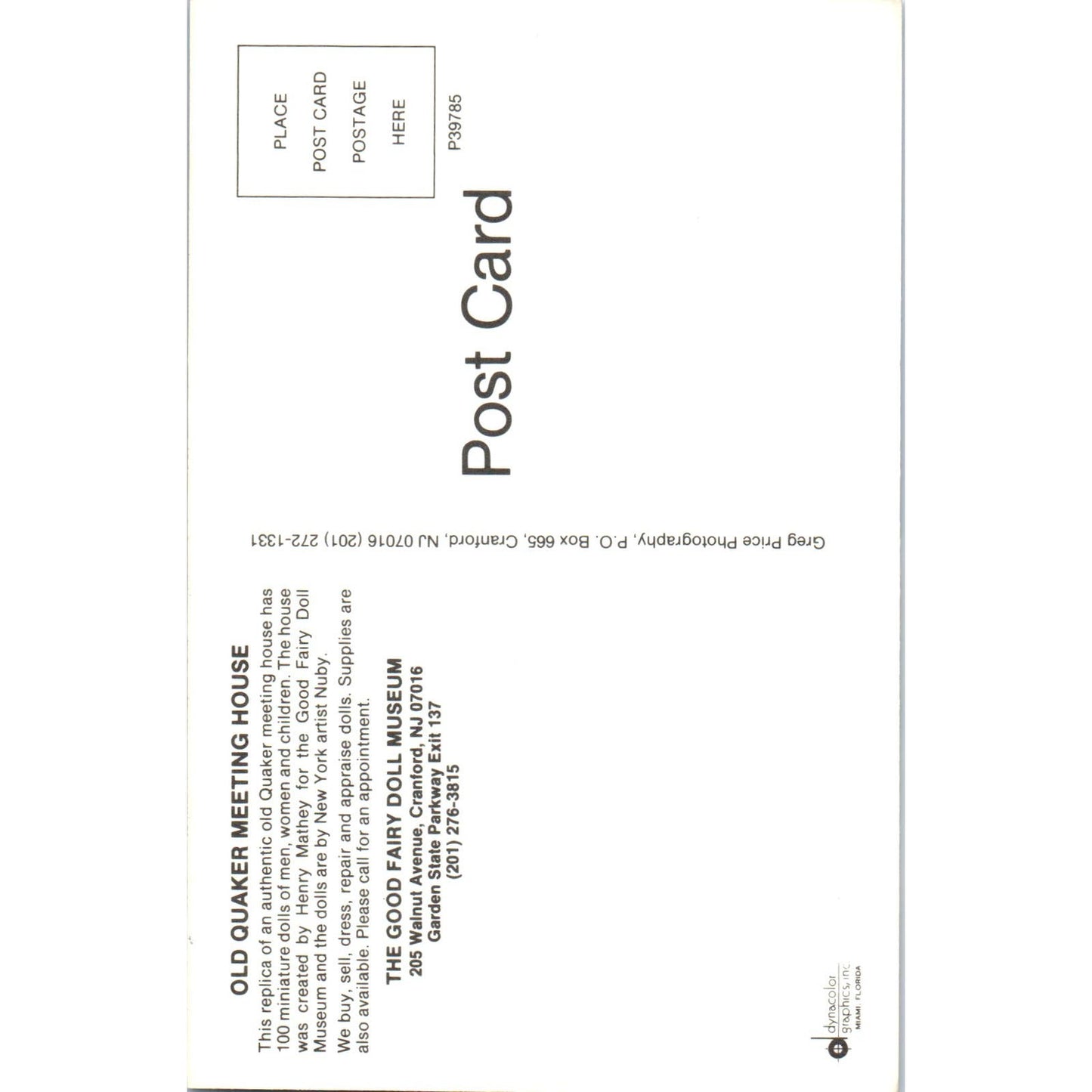 Old Quaker Meeting House Good Fairy Doll Museum Crawford Original Postcard PB7