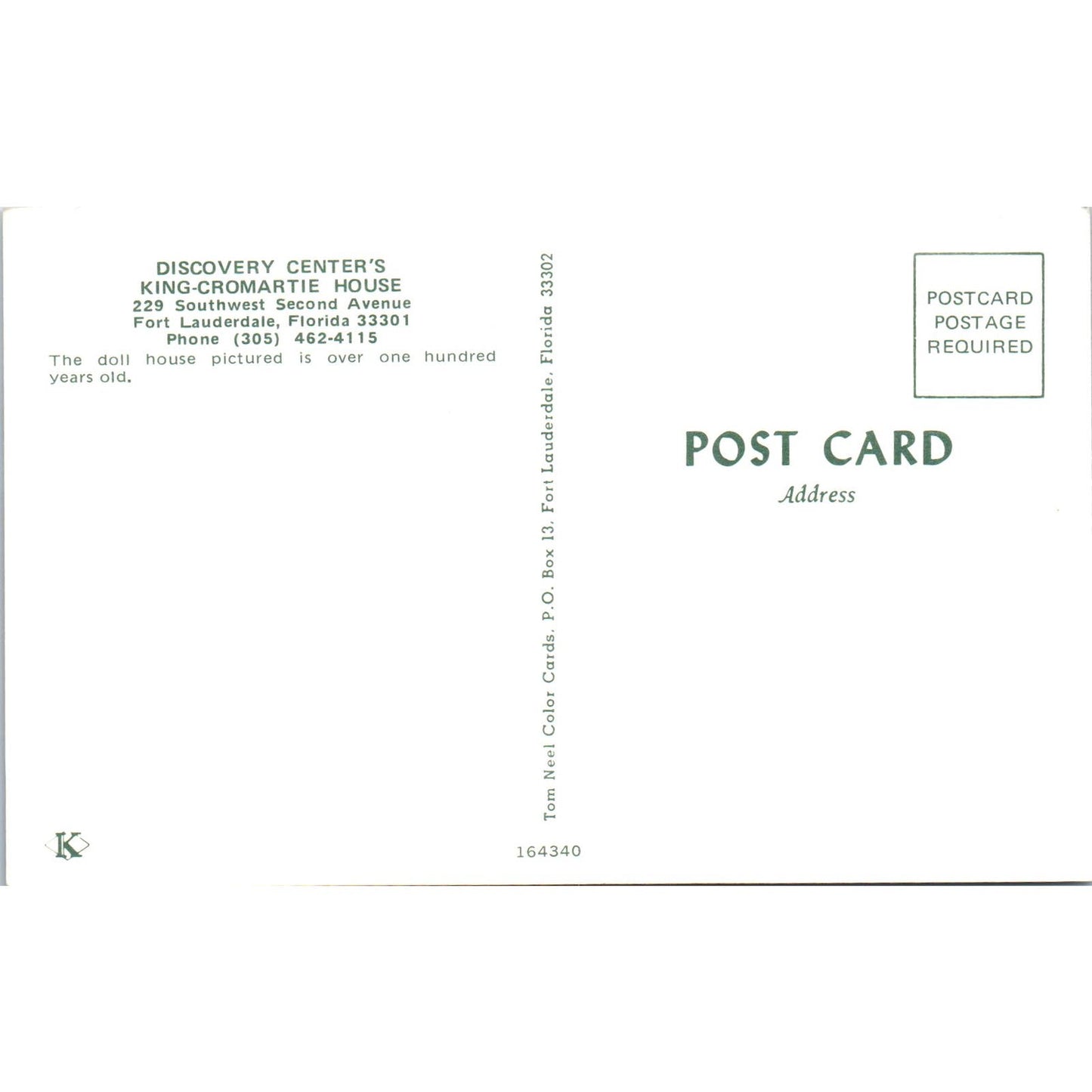 Doll House From King-Cromartie House Ft. Lauderdale FL Original Postcard PB5