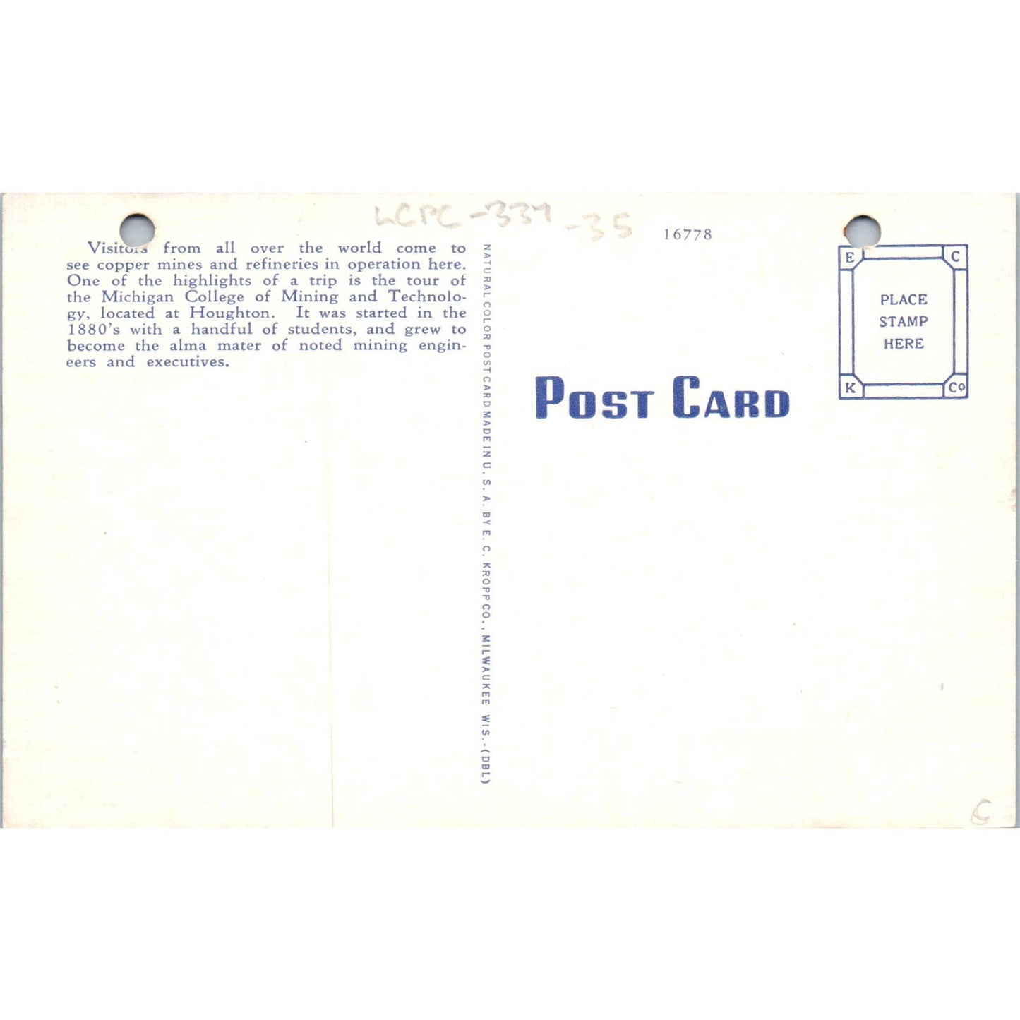 Houghton Michigan College of Mining and Technology Original Postcard TK1-24