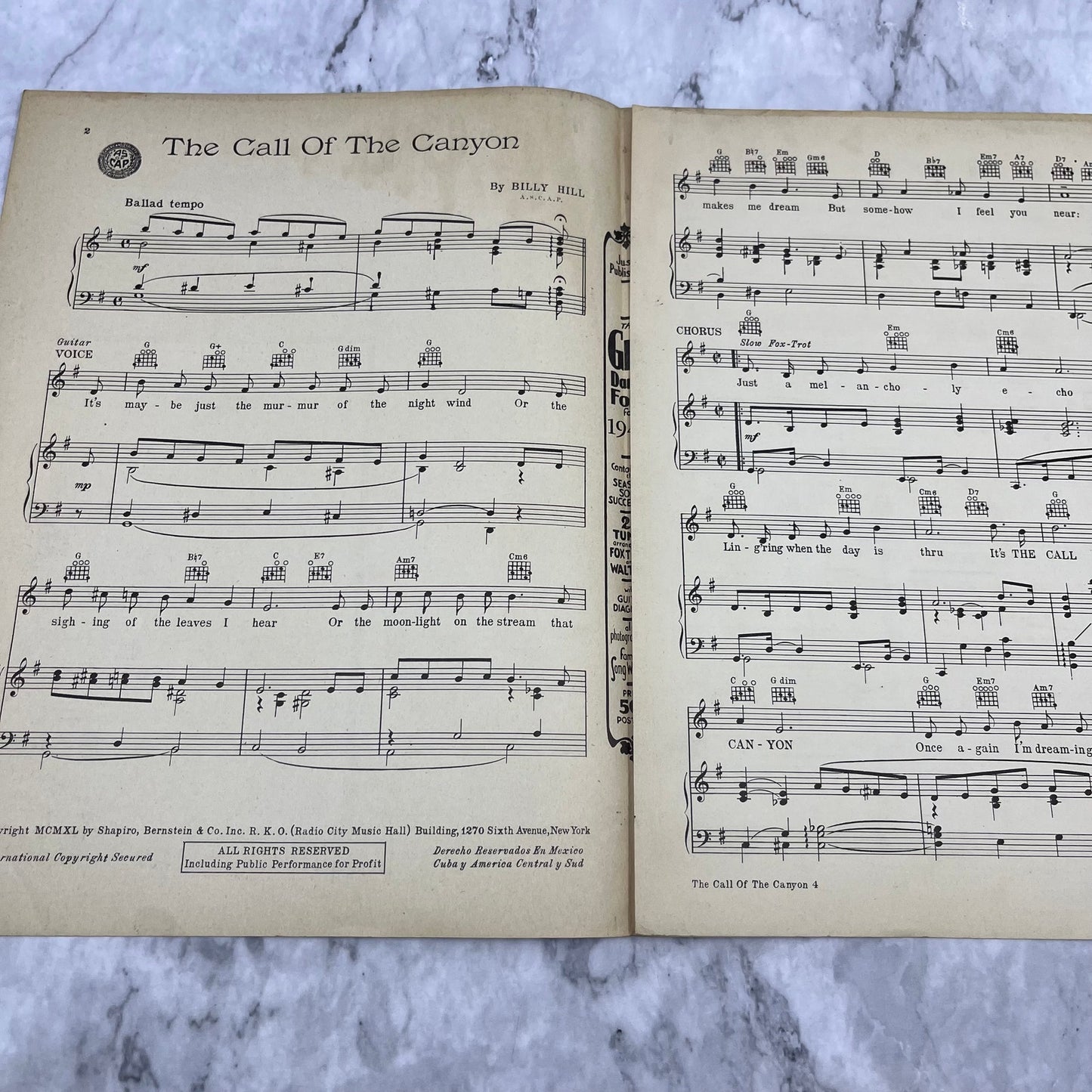 1940 "The Call Of The Canyon" by Billy Hill Sheet Music Rose Marie V38