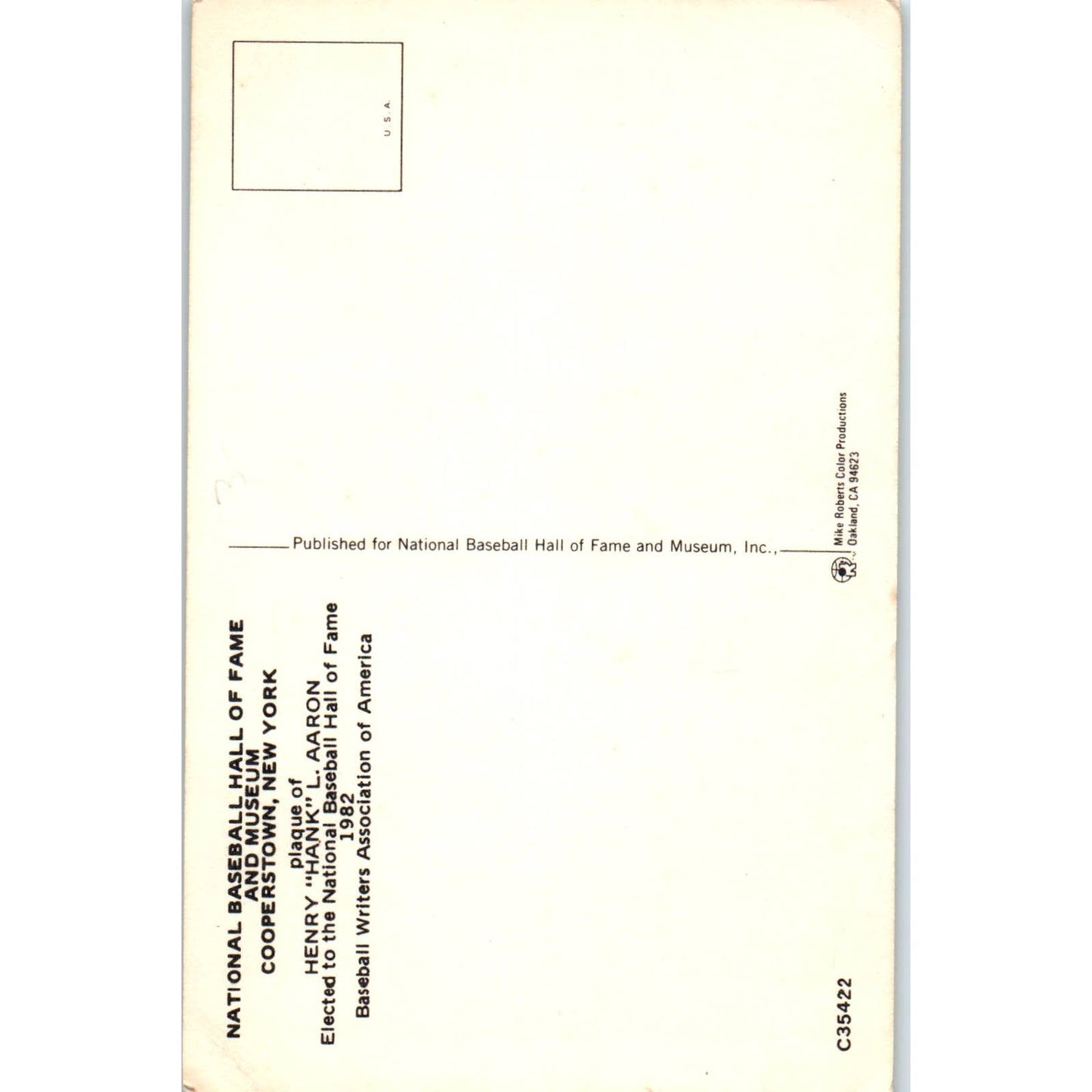 National Baseball Hall of Fame Hank Aaron Original Postcard TK1-23