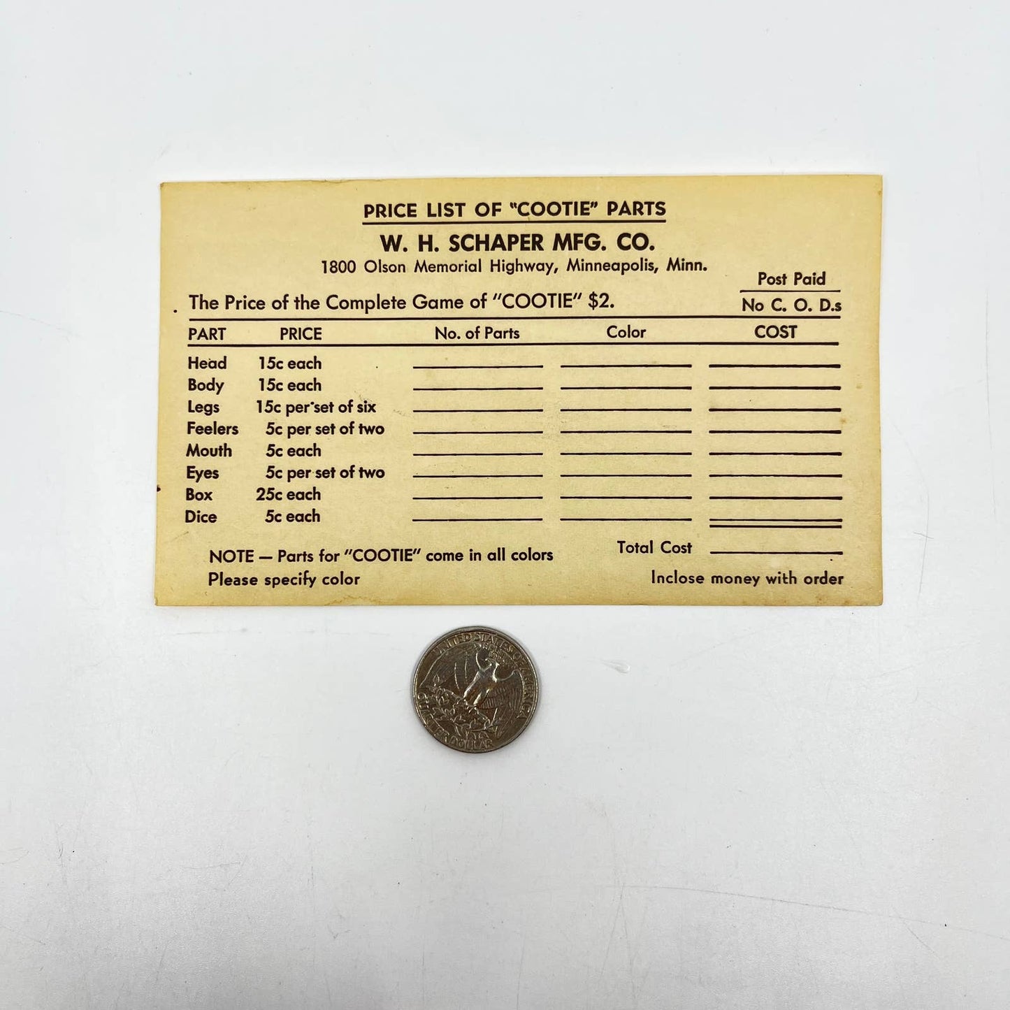 1950s Cootie Game - Price List of Cootie Parts W.H. Schafer Mfg Co MPLS MN SC9