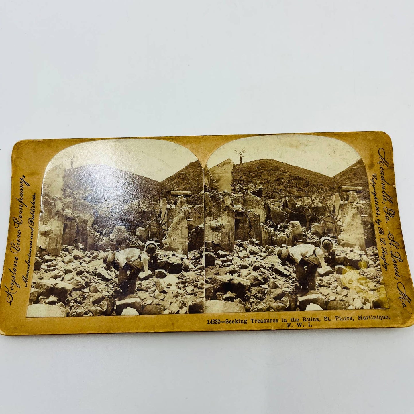 1903 Stereoview Card Seeking Treasure in the Ruins of St. Pierre Martinique FWI