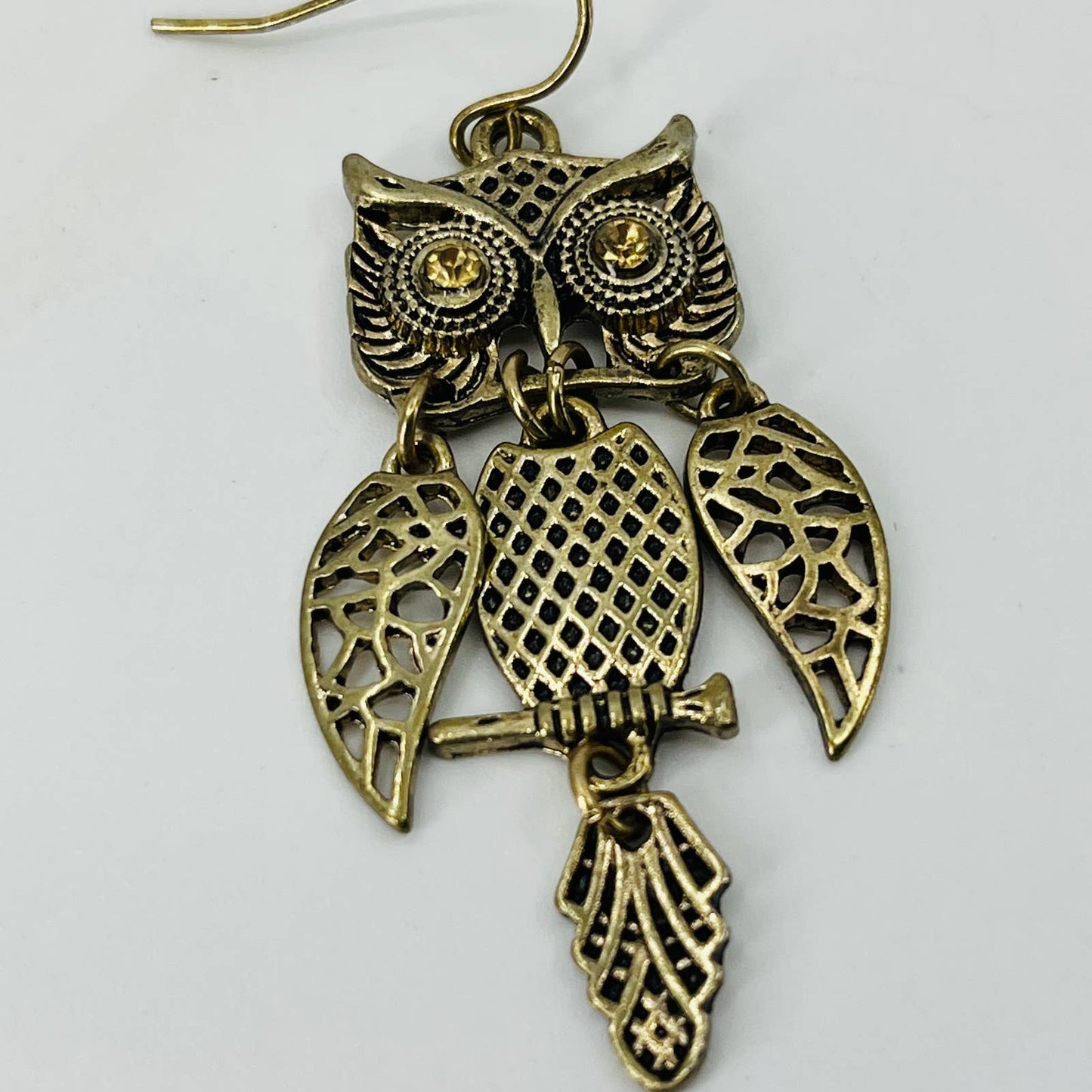 Vintage Gold Tone Owl Topaz Rhinestone Eyes Dangle Single Earring SB2