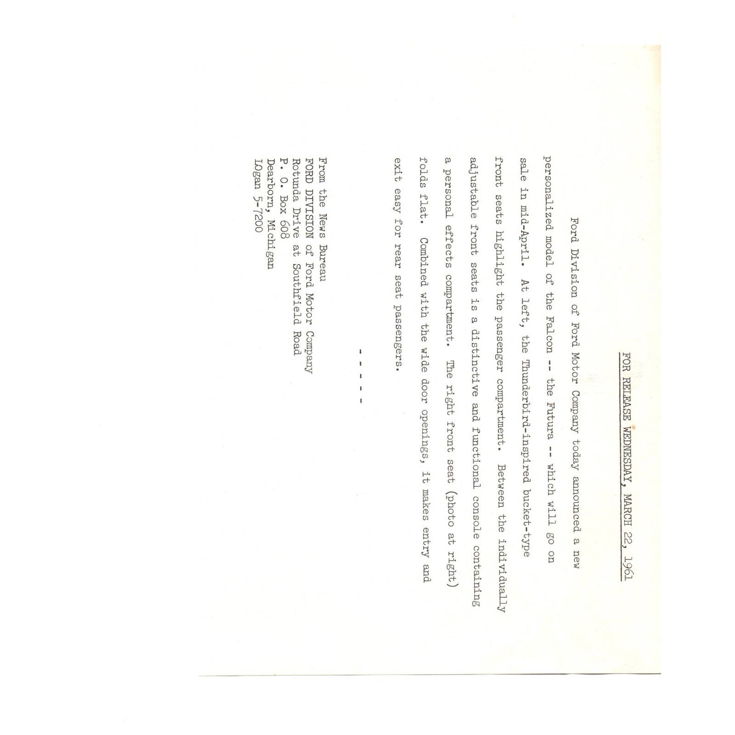 c1960 Original Press Photo 1961 Ford Futura Front & Back Interior Promo AE1