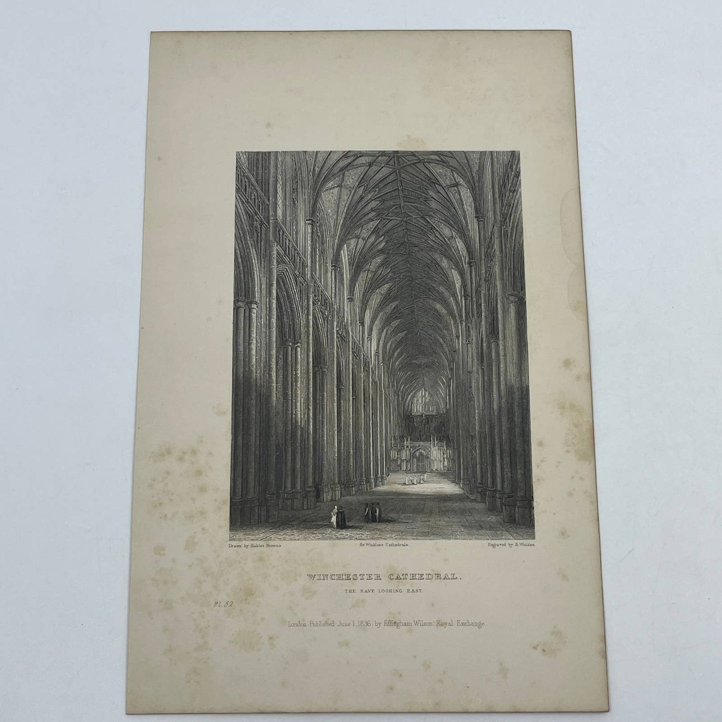 1836 Original Art Engraving Winchester Cathedral View of Nave Looking East AC6