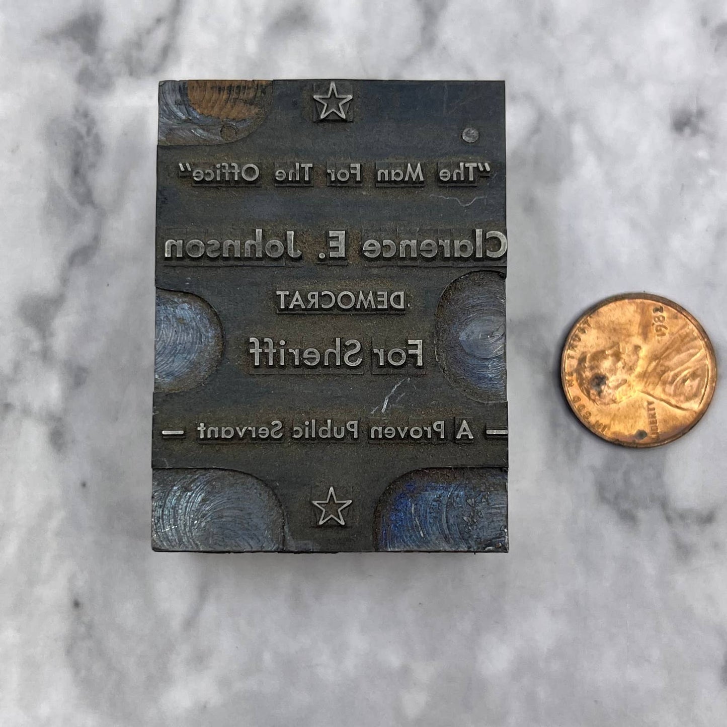 Vintage Printers Block Plate Clarence E. Johnson Democrat For Sheriff TJ53