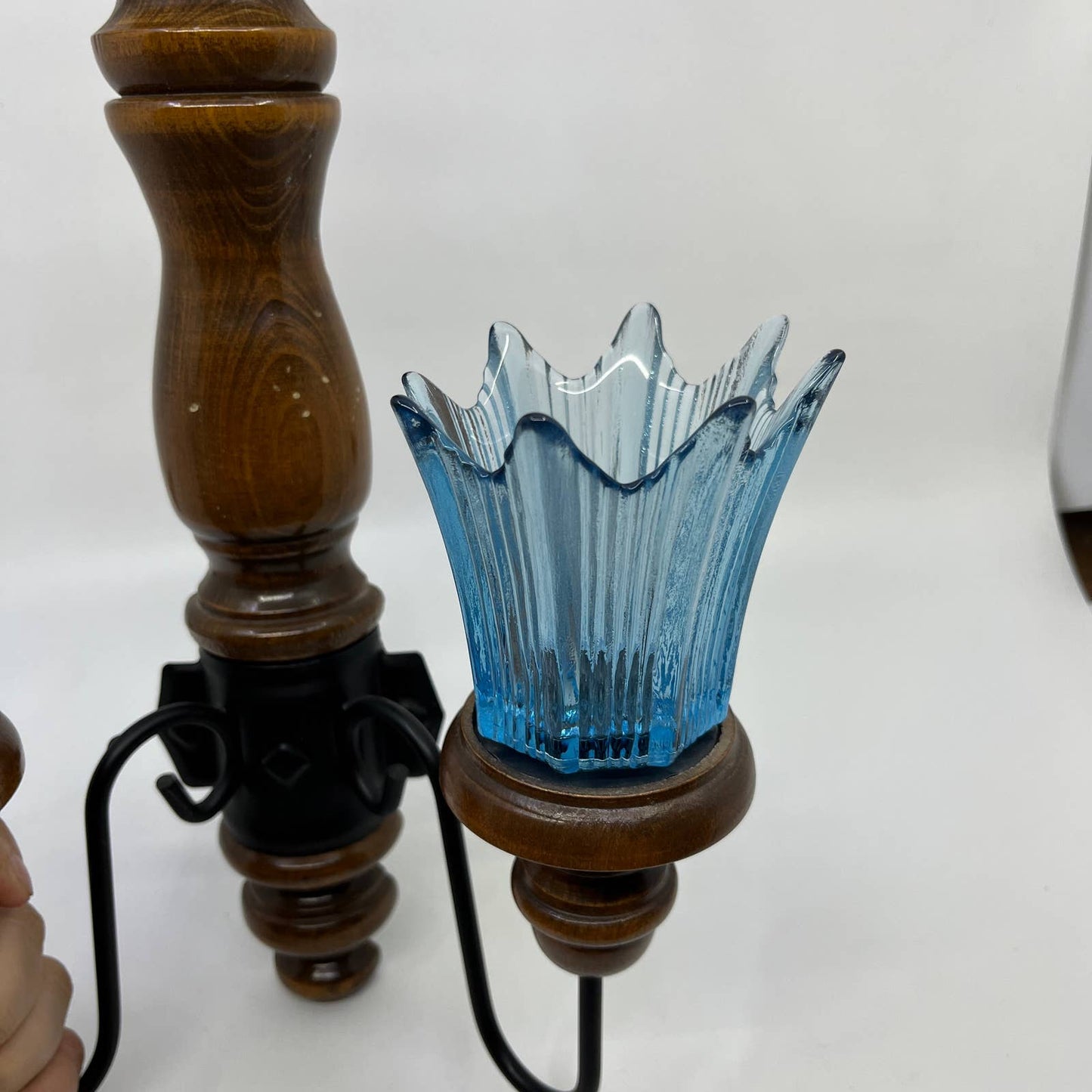 Retro MCM Wood Candler Holder Wall Sconce Blue Ice Fluted Glass ~10x18 TC2