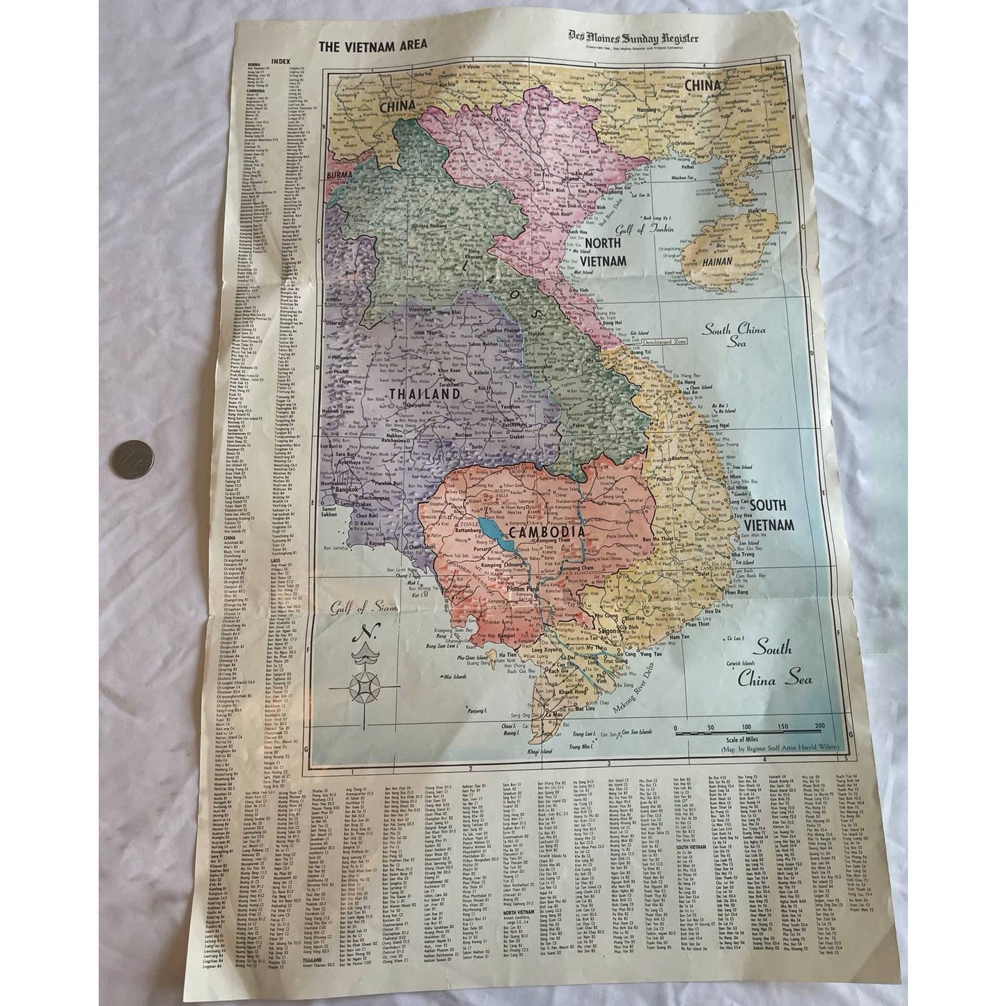 1969 The Vietnam Area Map Des Moines Sunday Register 23 1/2” x 14 1/2” FL3