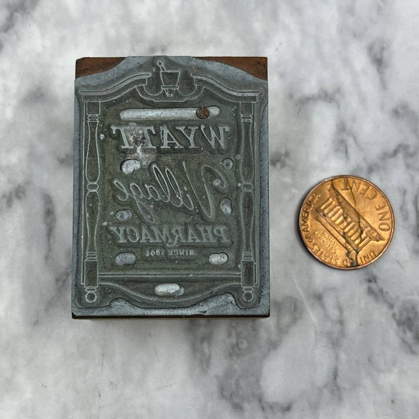 Vintage Printing Letterpress Printers Block Plate Wyatt Village Pharmacy TJ54
