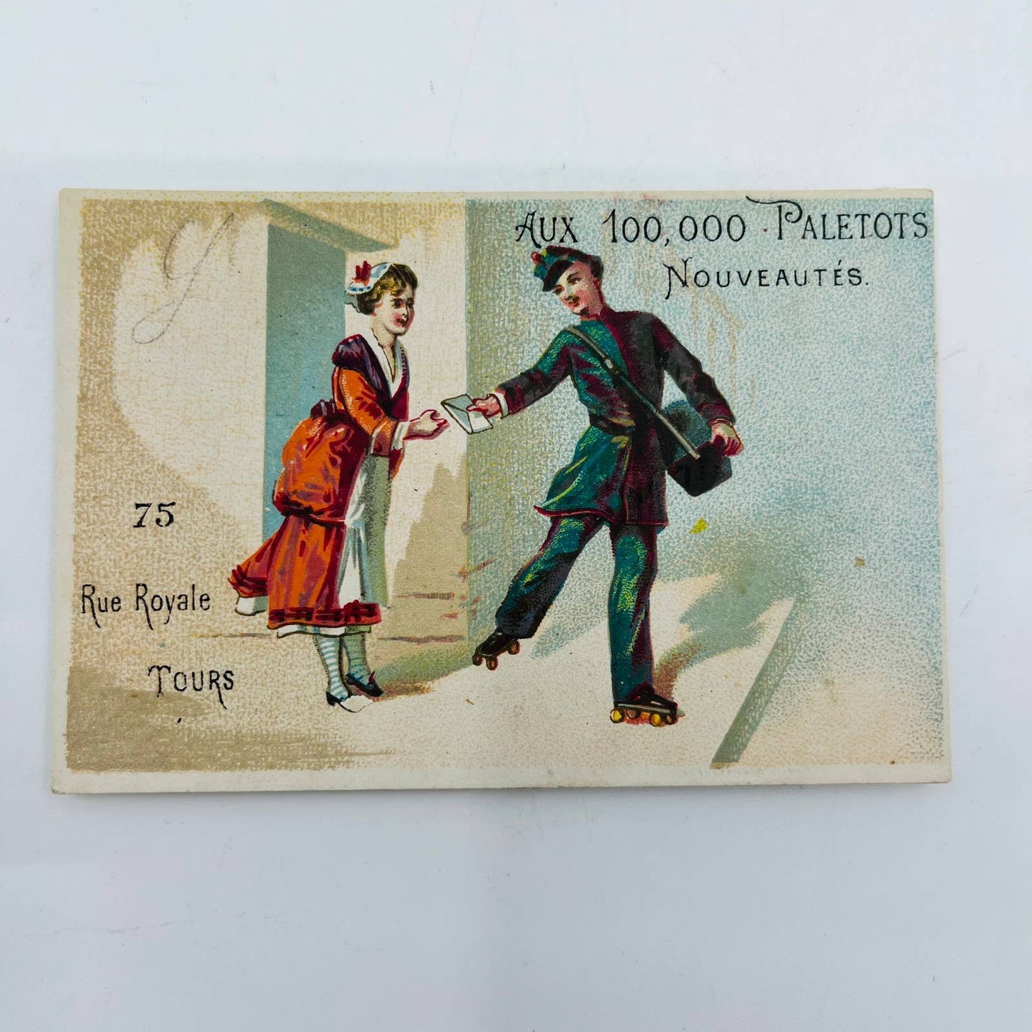 Victorian 1800s French Trade Card Rollerskating Mailman Rue Royale Tours AA2