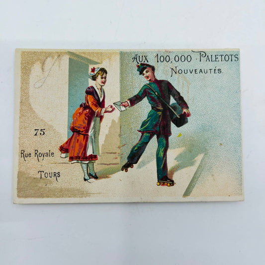 Victorian 1800s French Trade Card Rollerskating Mailman Rue Royale Tours AA2
