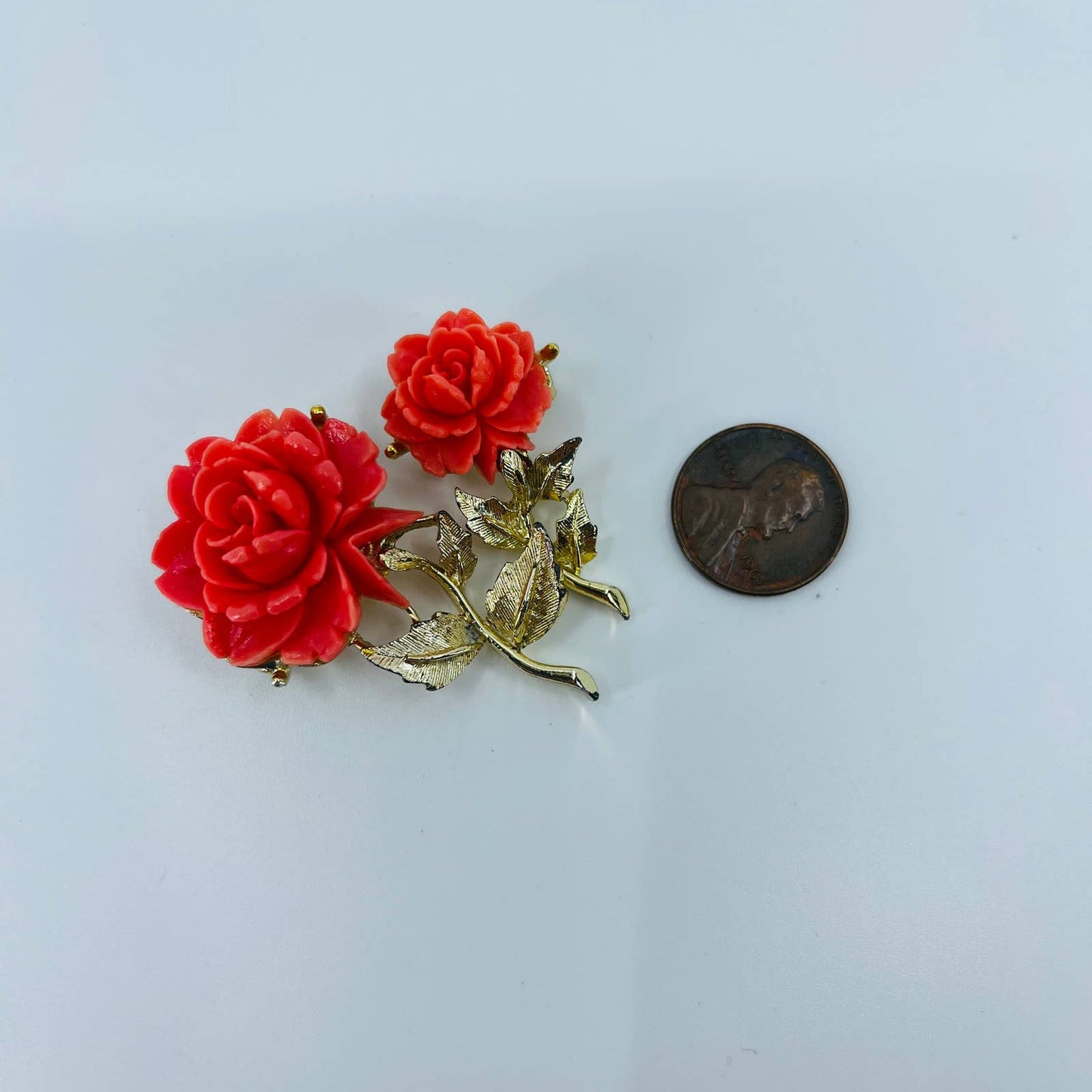 1930s Art Deco Coral Color Flower Brooch Gold Tone Stem and Leaves Set of 2 SA6