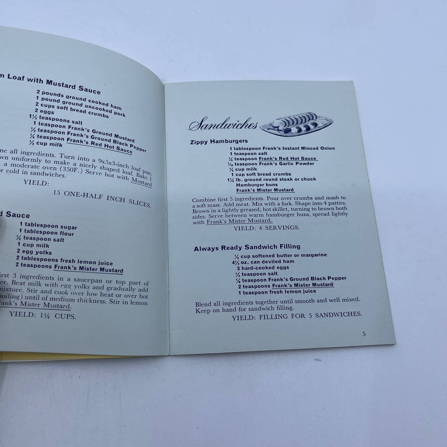 1950s Frank's 50 Good 'n Zesty Recipes Cookbook Mister Mustard Red Hot TG6