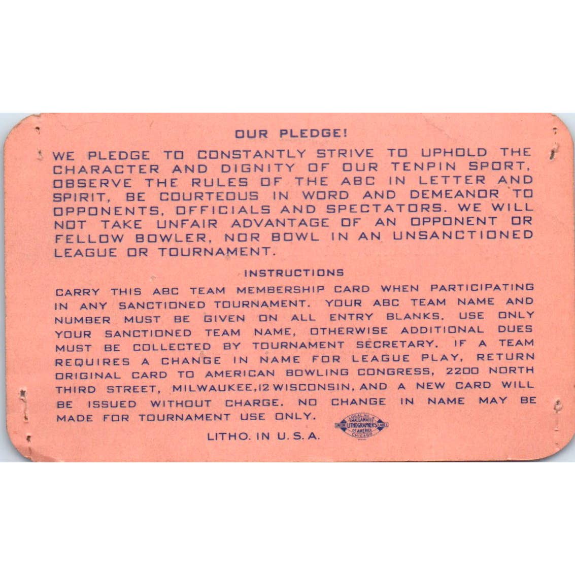 1948 American Bowling Congress Milwaukee Membership Card Eagles 750 SE5-9