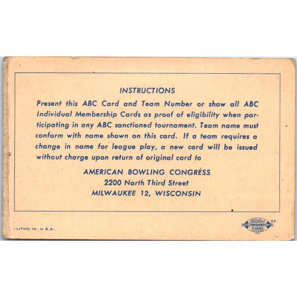 1952 American Bowling Congress Milwaukee Membership Intercity Travelling SE5-49