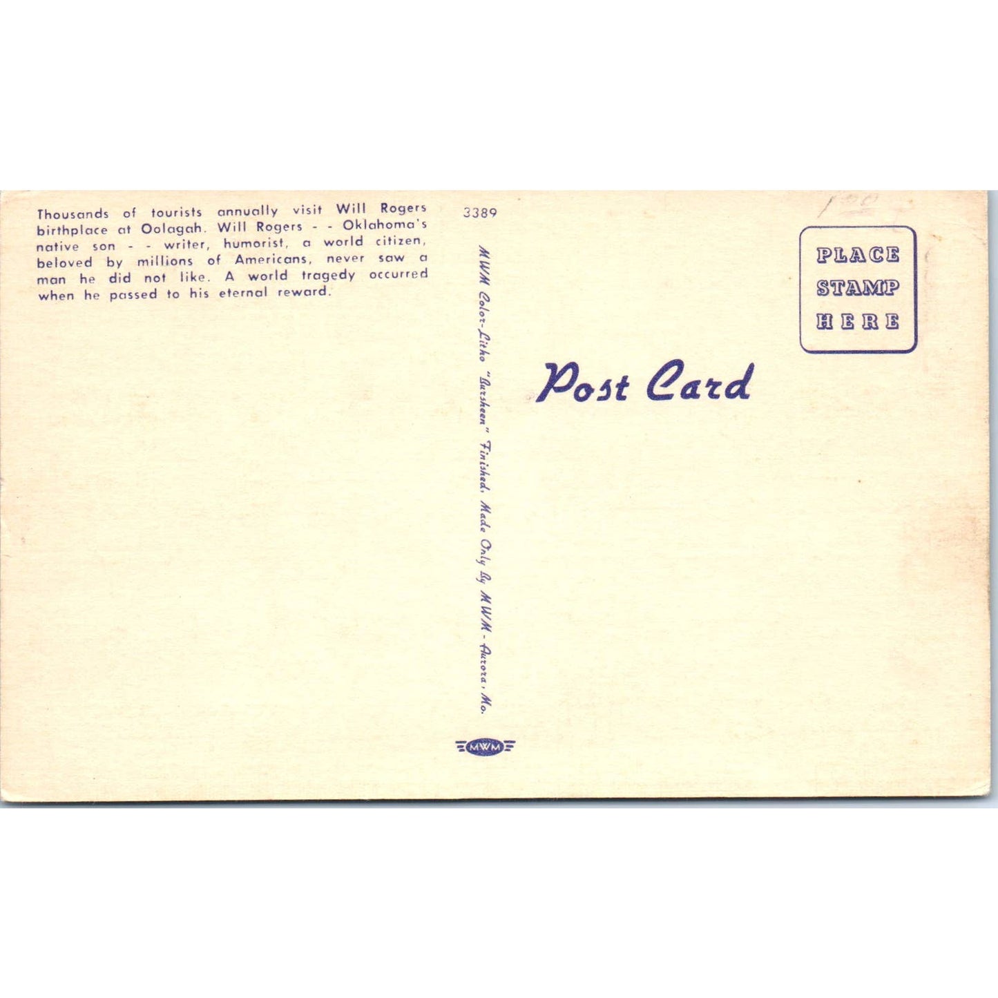 Birthplace of Will Rogers Claremore Oklahoma Original Postcard TK1-27