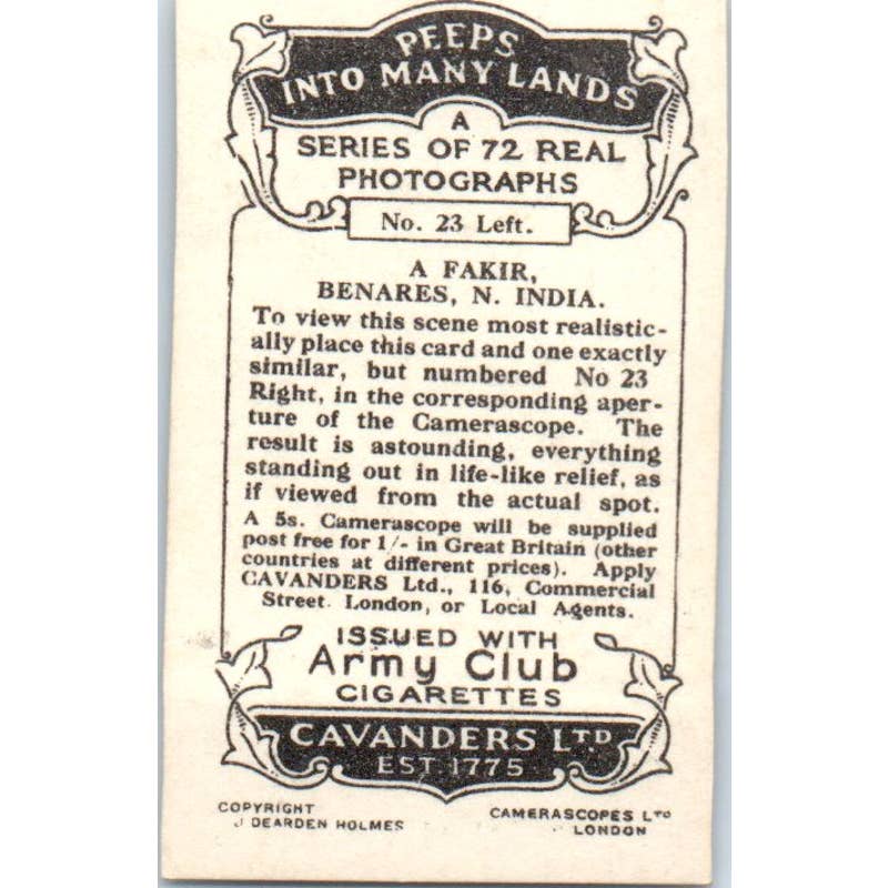 1928 Cavanders Cigarette Card Peeps into Many Lands #23 Left A Fakir Benares SE5