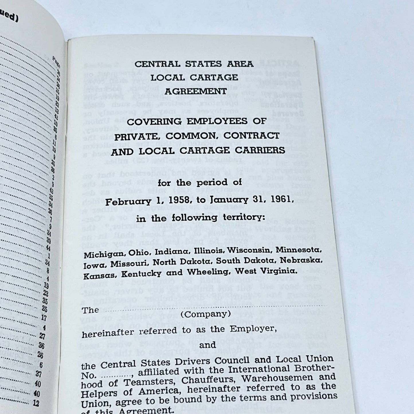 1961 Central States Area Local Cartage Agreement Booklet TF9