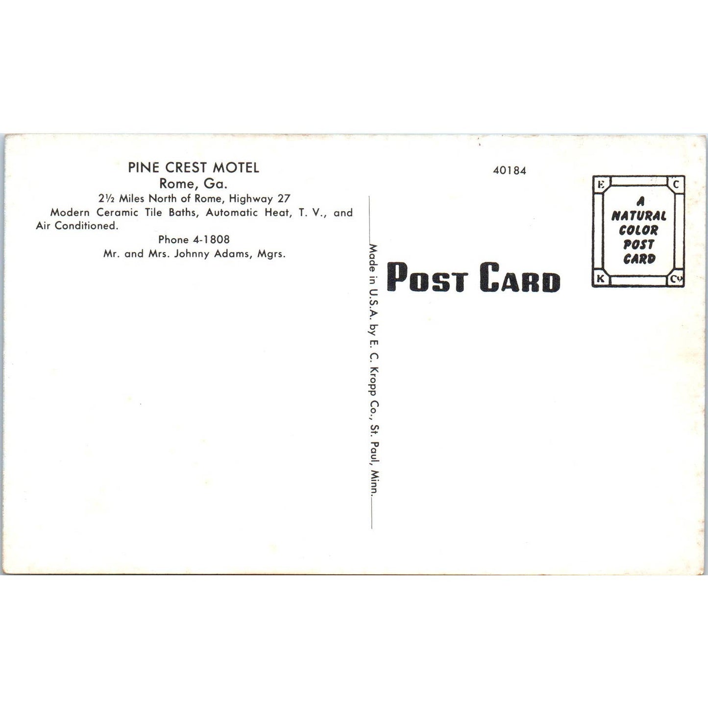 Pine Crest Motel Rome Georgia Johnny Adams Original Postcard TK1-P1