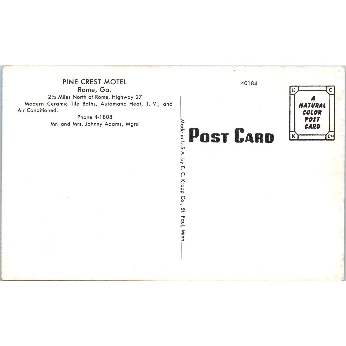 Pine Crest Motel Rome Georgia Johnny Adams Original Postcard P3-3