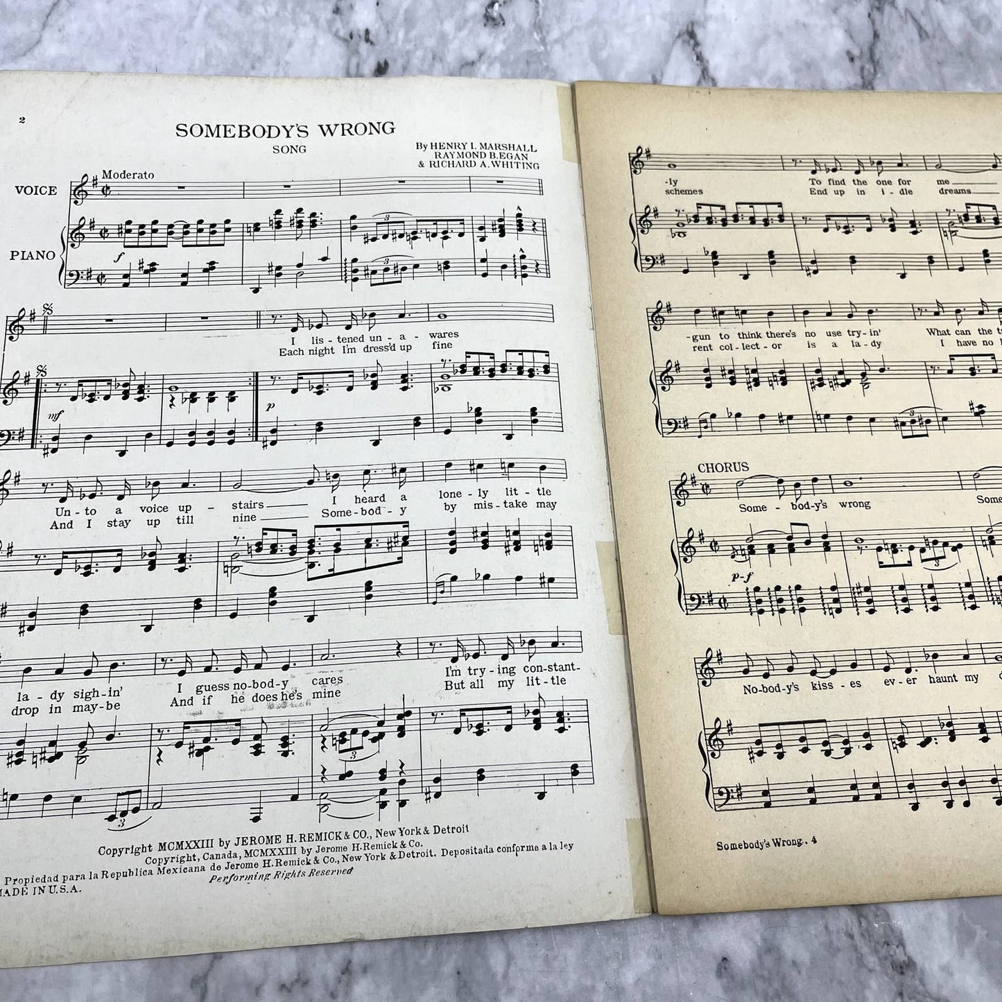 Somebody's Wrong Song Henry I. Marshall Raymond Egan 1923 Sheet Music TK2-SM2