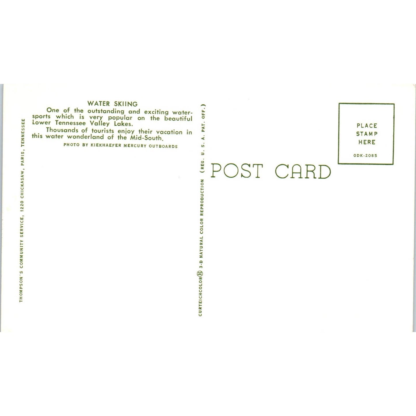 Kentucky Lake Water Skiing Lower Tennessee Valley Lakes Original Postcard TK1-24