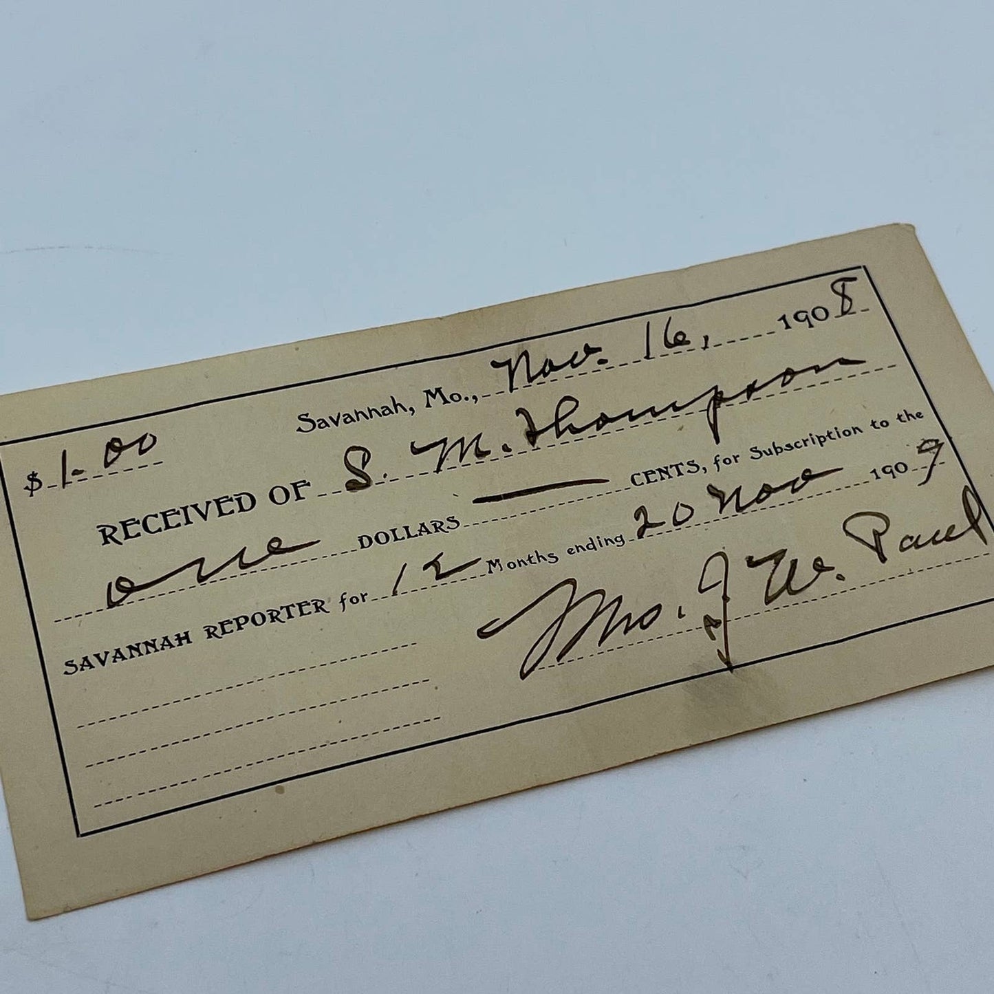 1908 Receipt Subscription to Savannah Reporter, Savannah MO J.W. Paul AA6