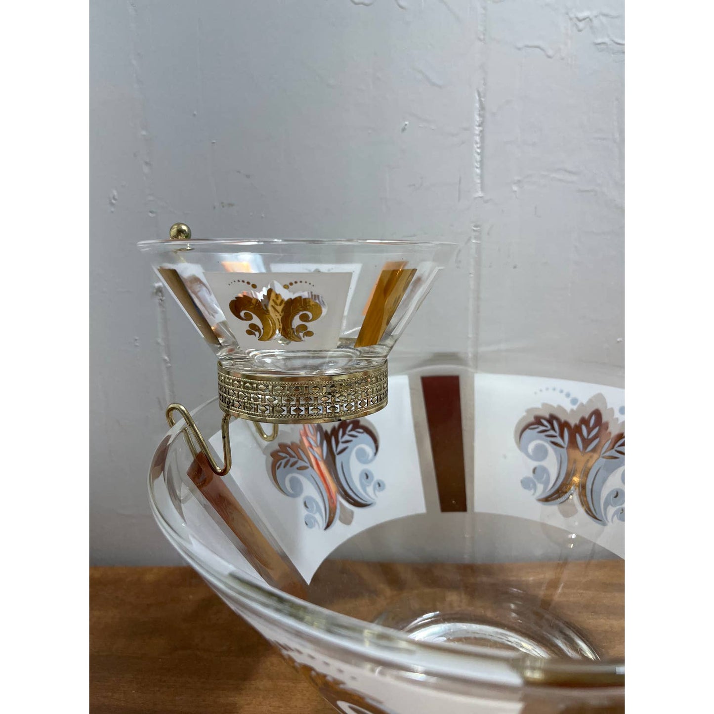 MCM Atomic 1963 CHIP & DIP BOWL SET Anchor Hocking 22k Fleur De Lis 10” TH1