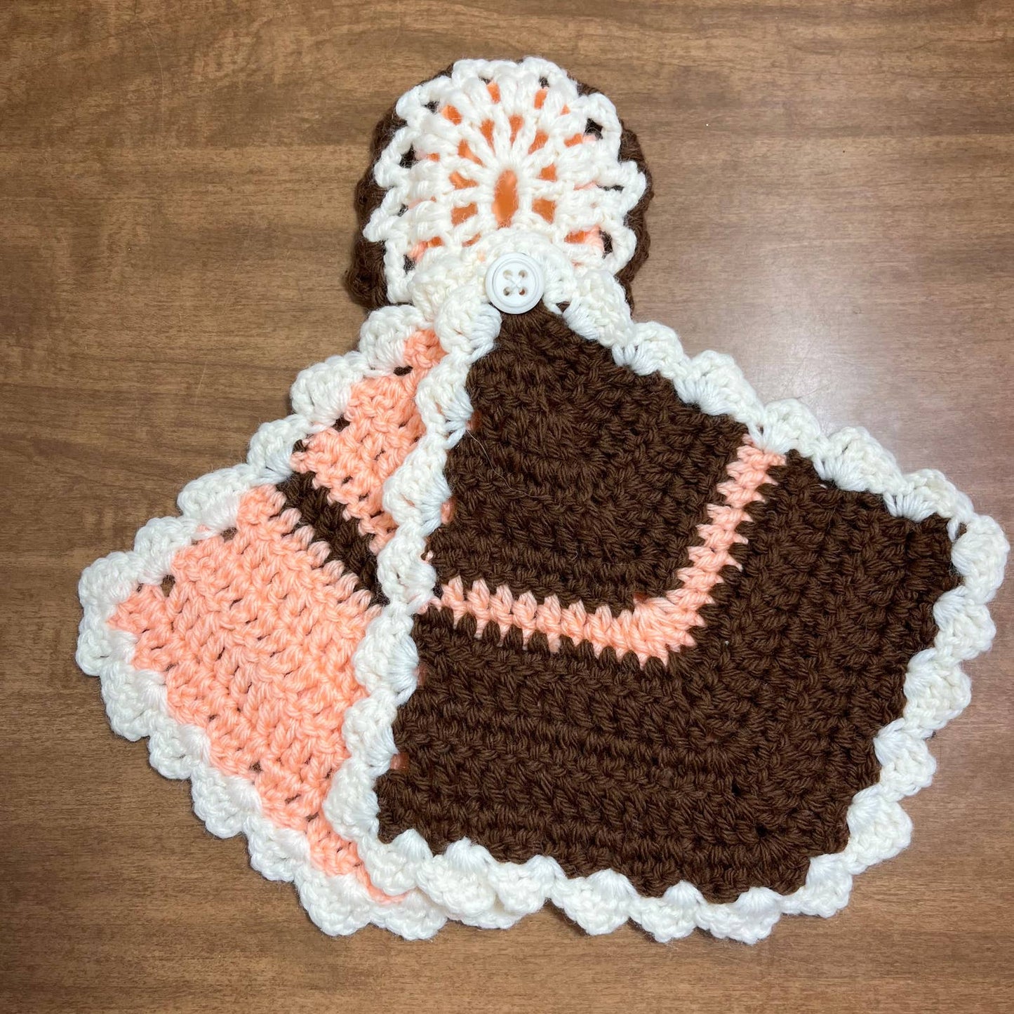 Vintage 1960s Crocheted Plastic Doll Face Pot Holders Brown Peach White TH6