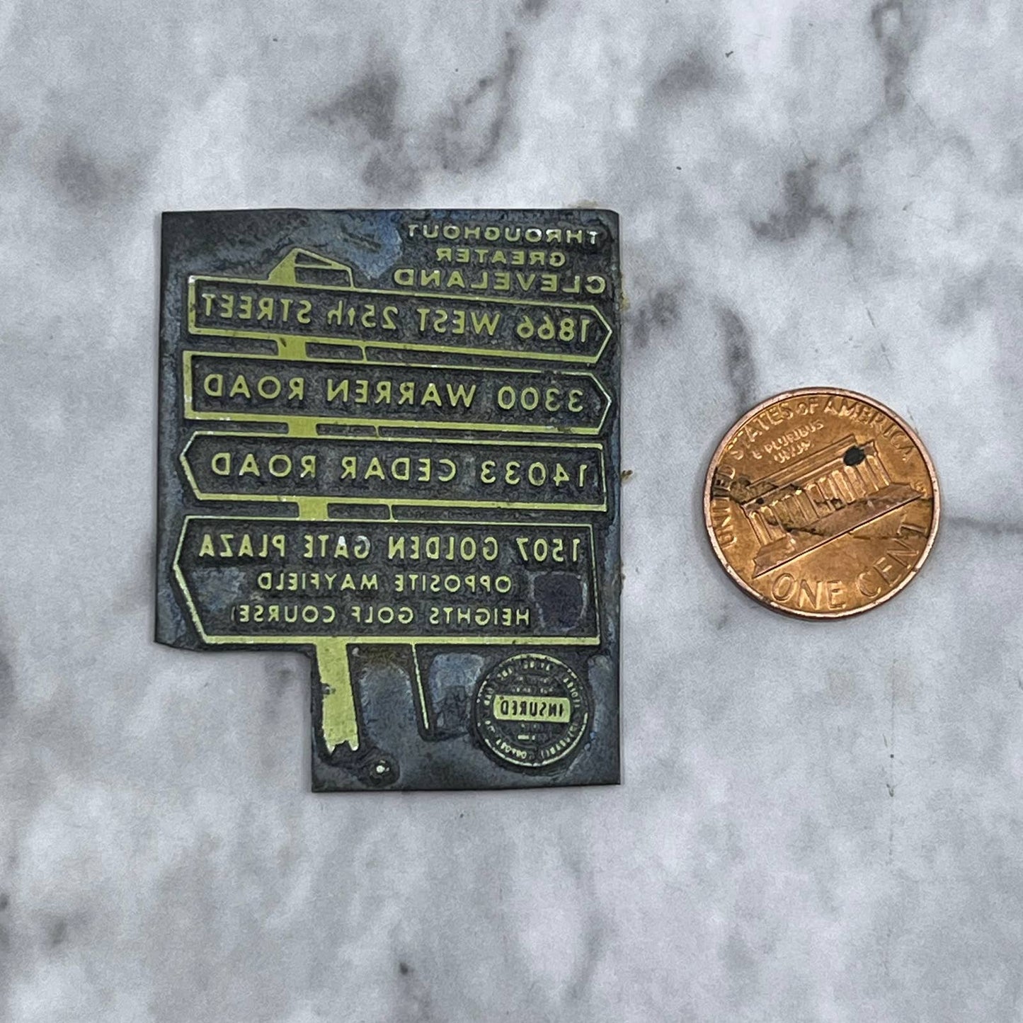Vintage Printing Letterpress Printers Block Plate Cleveland Insurance TJ514