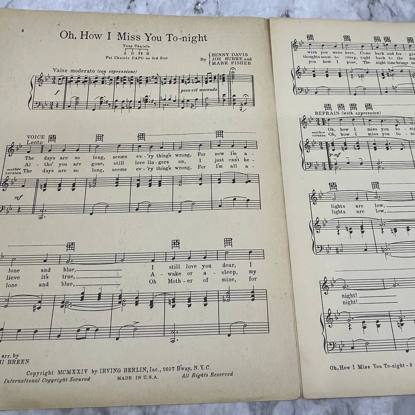 Oh How I Miss You Tonight Irving Berlin Bert Kauff 1924 Sheet Music TK2-SM4