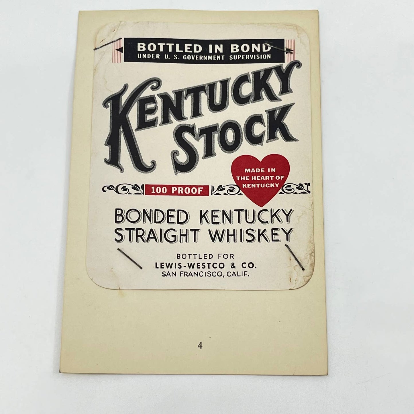 Kentucky Stock Whiskey Label Lewis-Westfield & Co San Francisco California