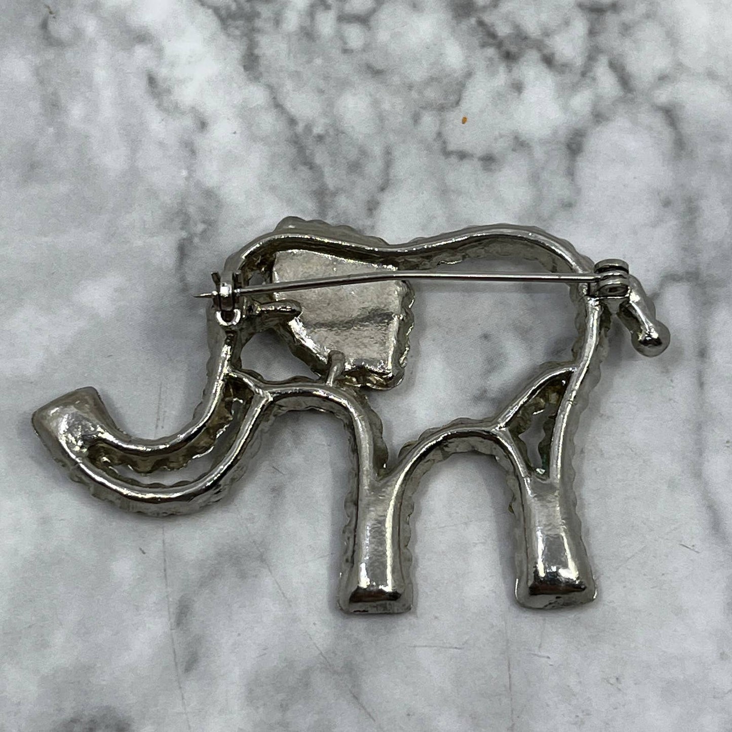 VTG Rhinestone Rhodium Plated Good Luck Elephant Pin Brooch 2.5” SE7