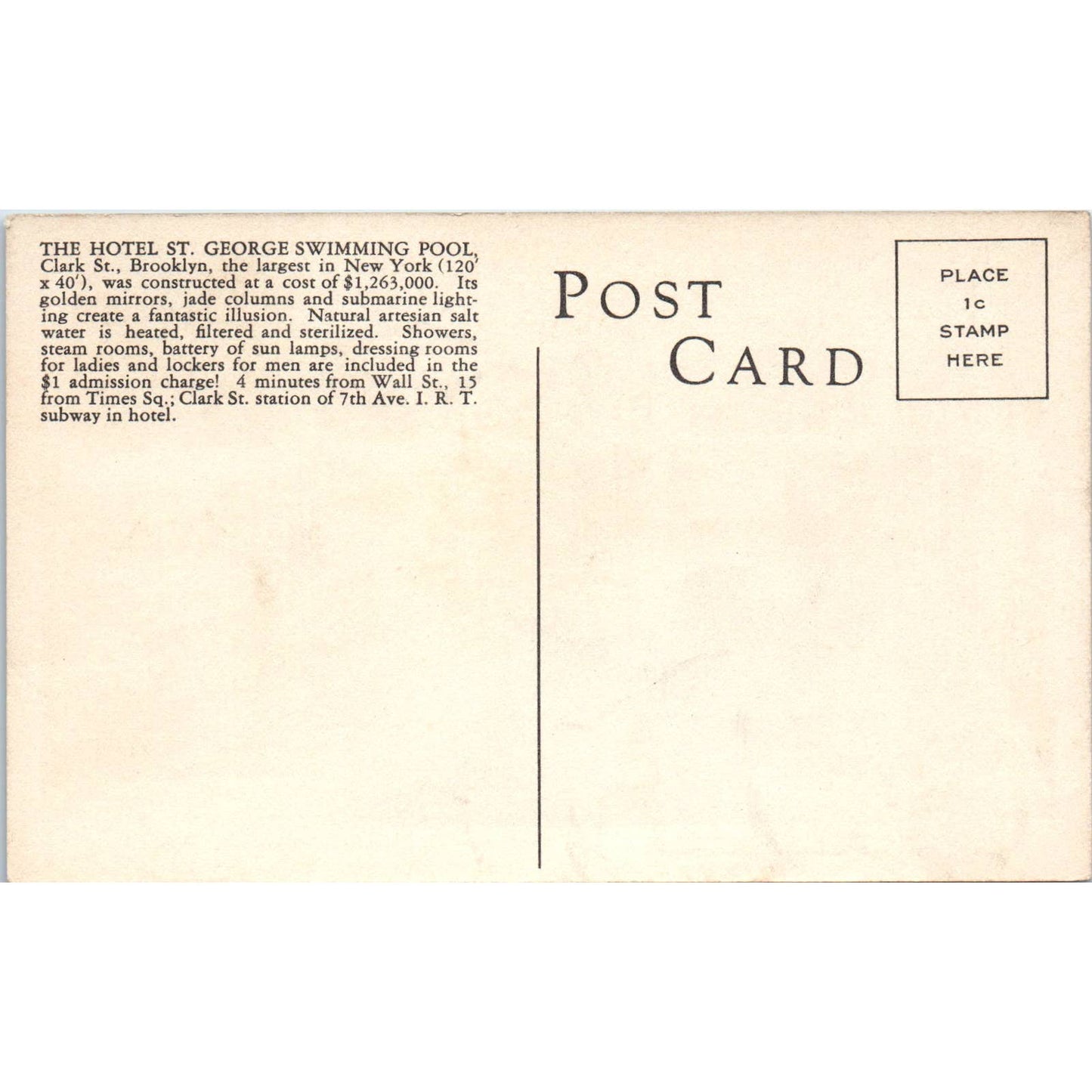 St. George Salt Water Swimming Pool Brooklyn New York Original Postcard TK1-21