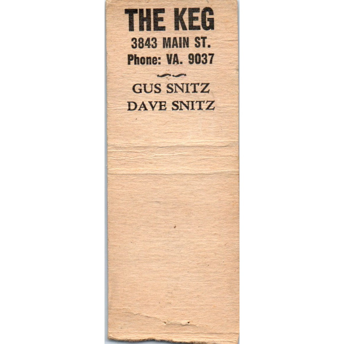 The Keg Gus & Dave Snitz Kansas City MO Advertising Matchbook Cover MM9-5