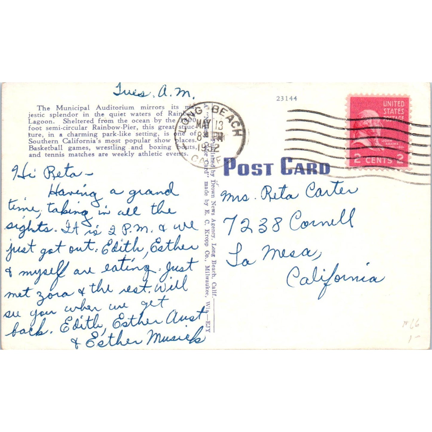 Municipal Auditorium Long Beach California 1952 Original Postcard TK1-21