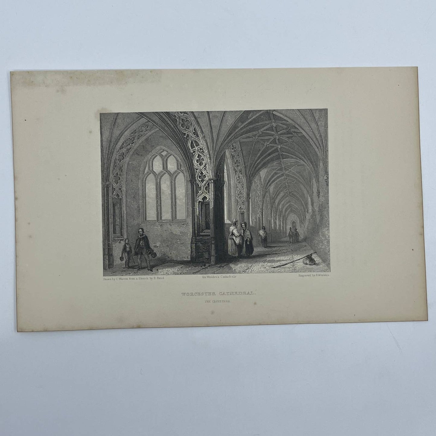 1842 Original Art Engraving Worcester Cathedral - The Cloisters AC6