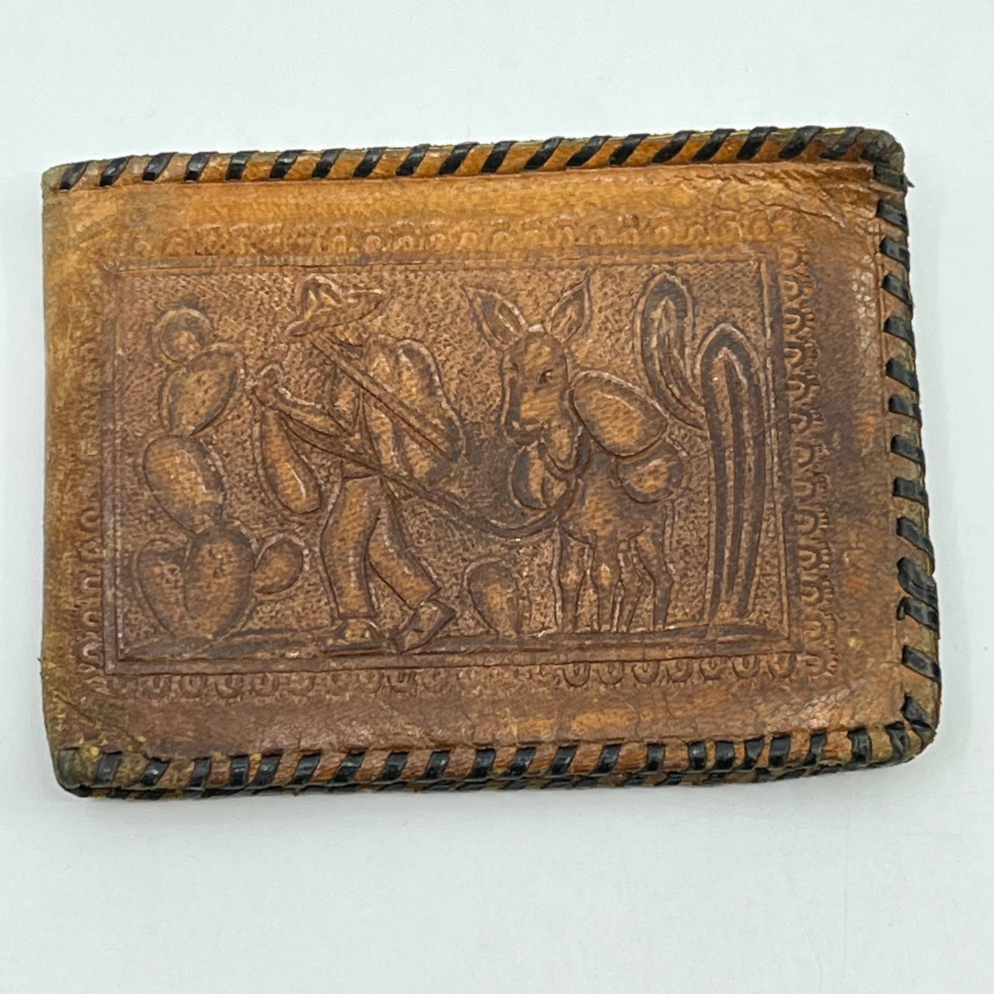 Vintage Hand Tooled Leather Mens Western Bifold Wallet Mexican Farmer Burro SD8