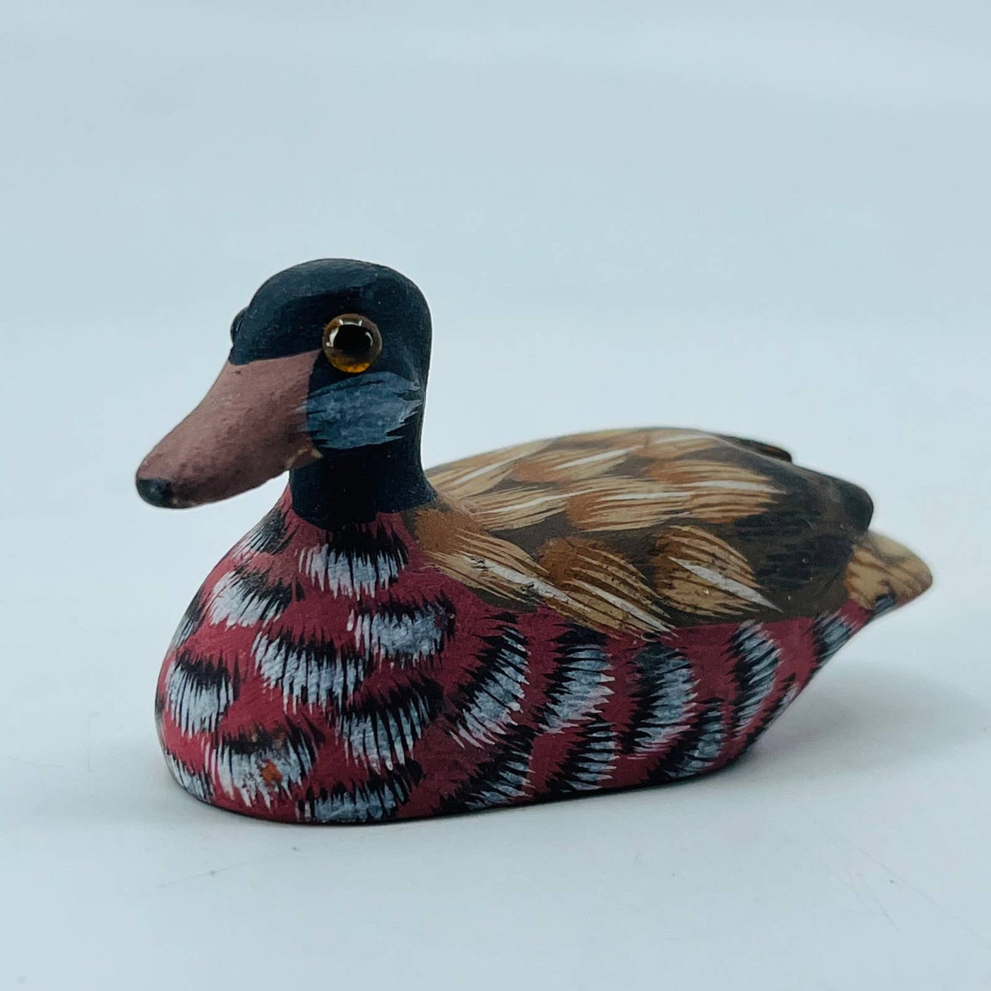 Vintage Wooden Mallard Duck Hand Carved Painted Wood Glass Eyes 2.5" SB1