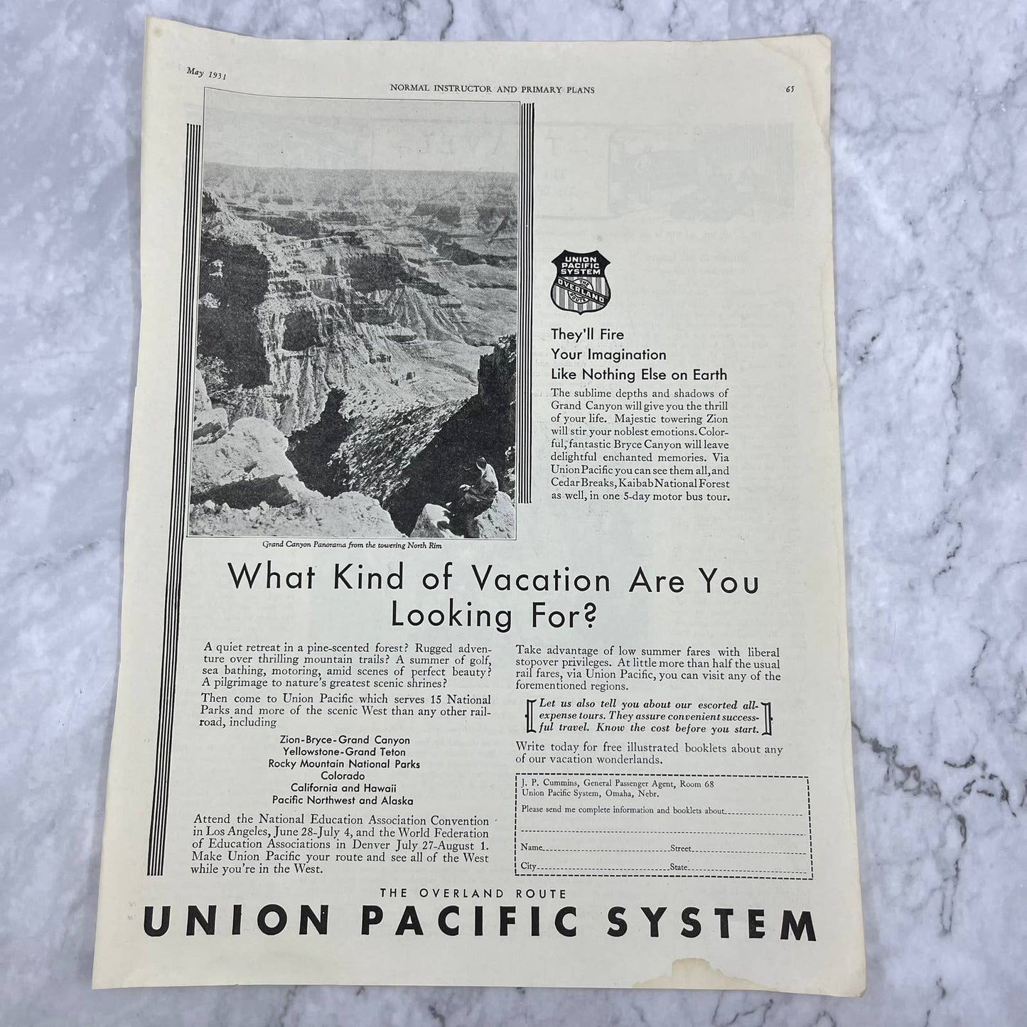 1931 Union Pacific Railroad Travel Vacation Full Page Ad Grand Canyon FL5-1