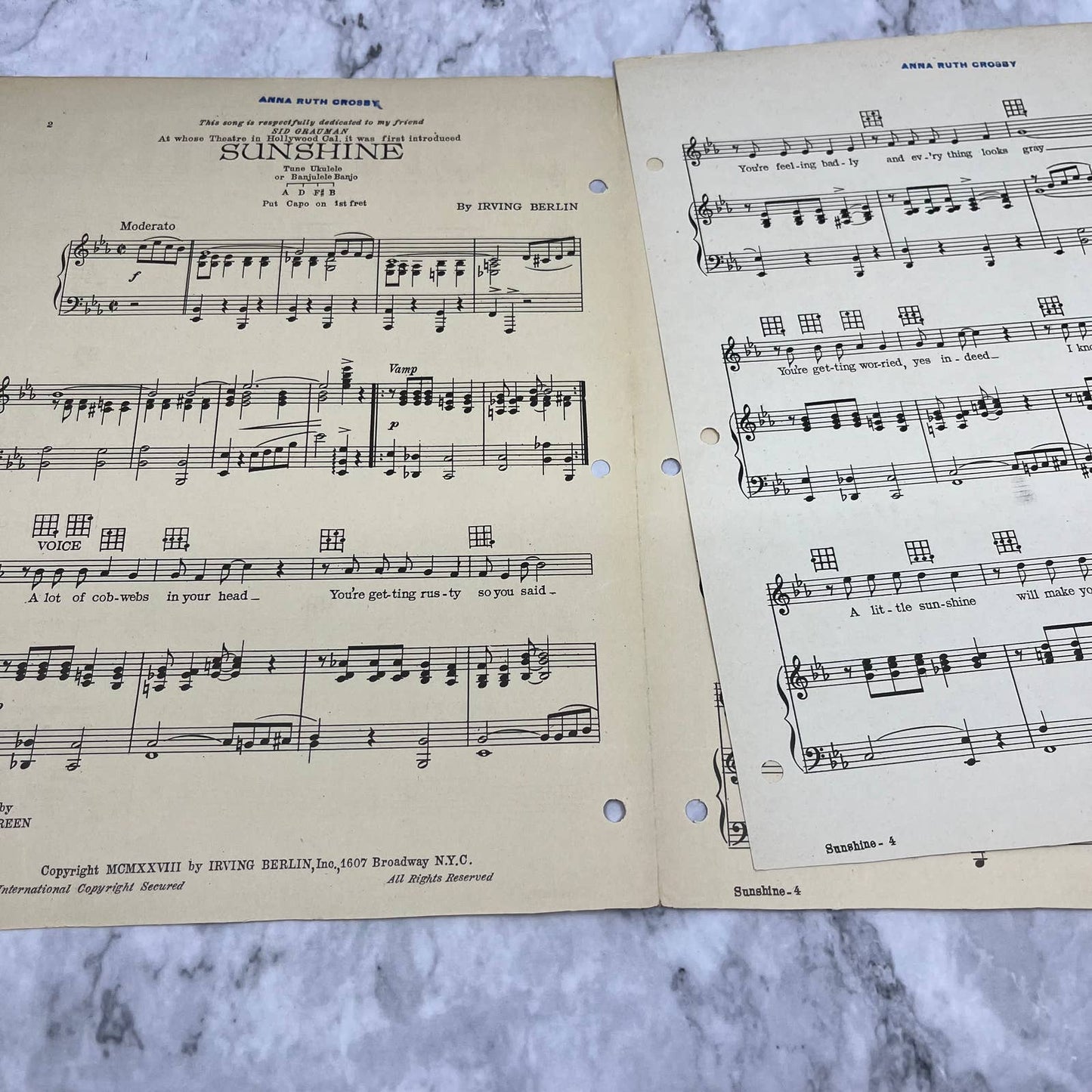 1928 Irving Berlin's Sunshine Sheet Music Piano Tune Ukulele Banjulele Banjo TJ4