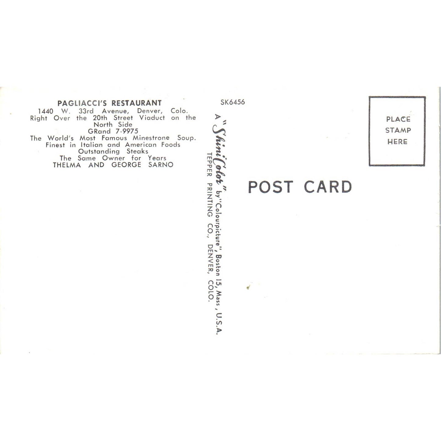 Pagliacci's Restaurant Thelma & George Sano Denver CO Original Postcard TK1-29