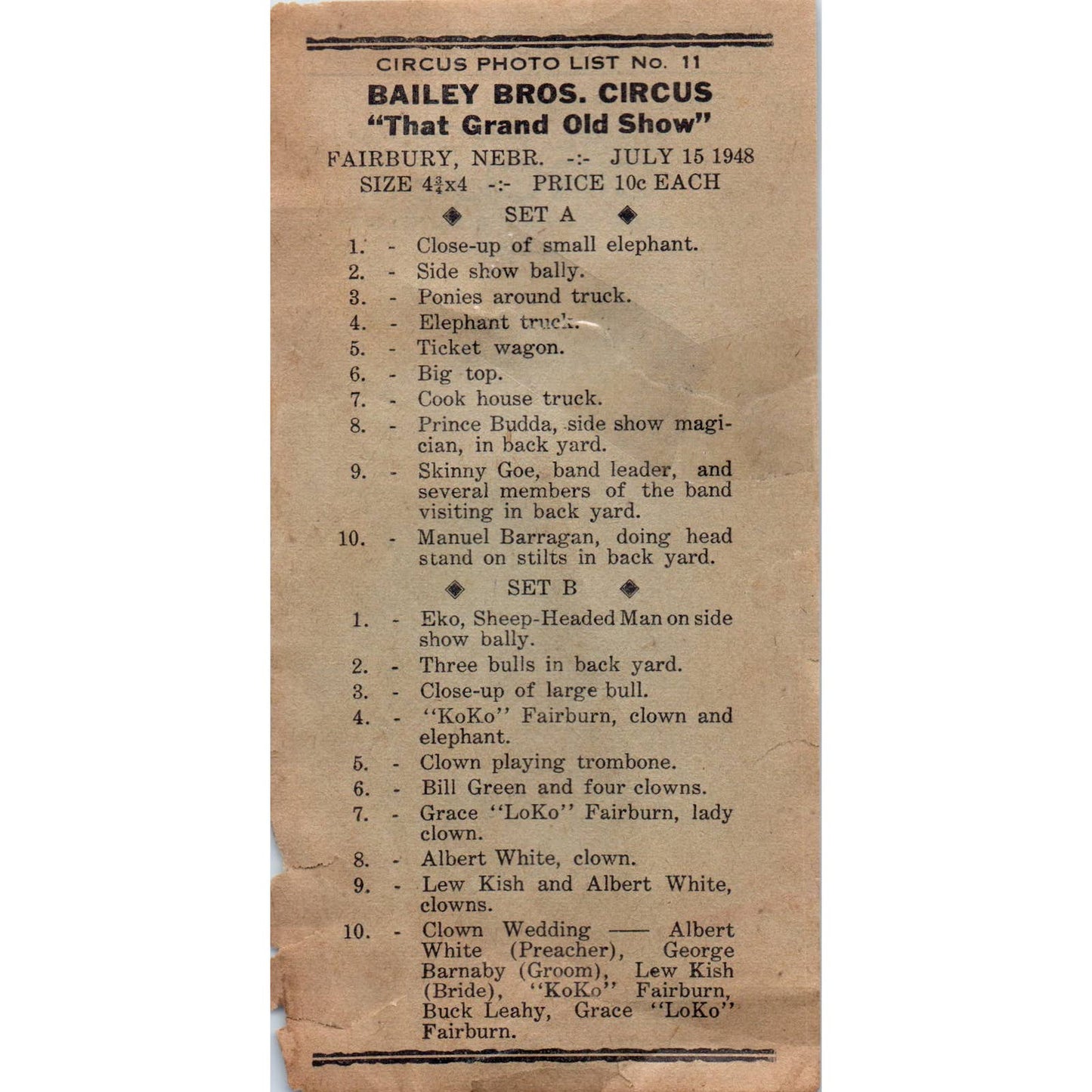 1948 Seal Bros. & Bailey Bros. Circus Photo Price List Great Bend Fairbury SE5