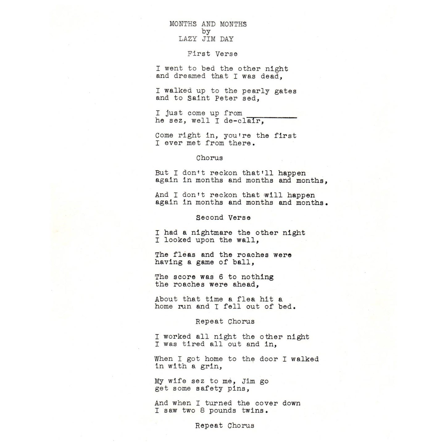 Vtg Country Music Photo Good Lookin Lazy Jim Day w/ Months & Months Lyrics AD1