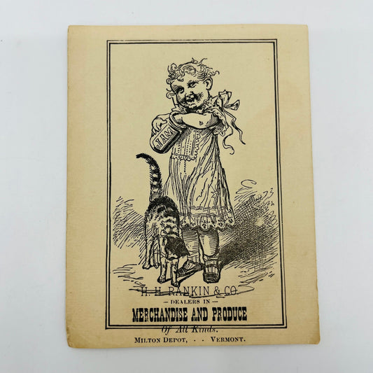 1880s Victorian Trade Card H.H Rankin Milton Depot VT Girl Eating Jam Cat AH9-M8