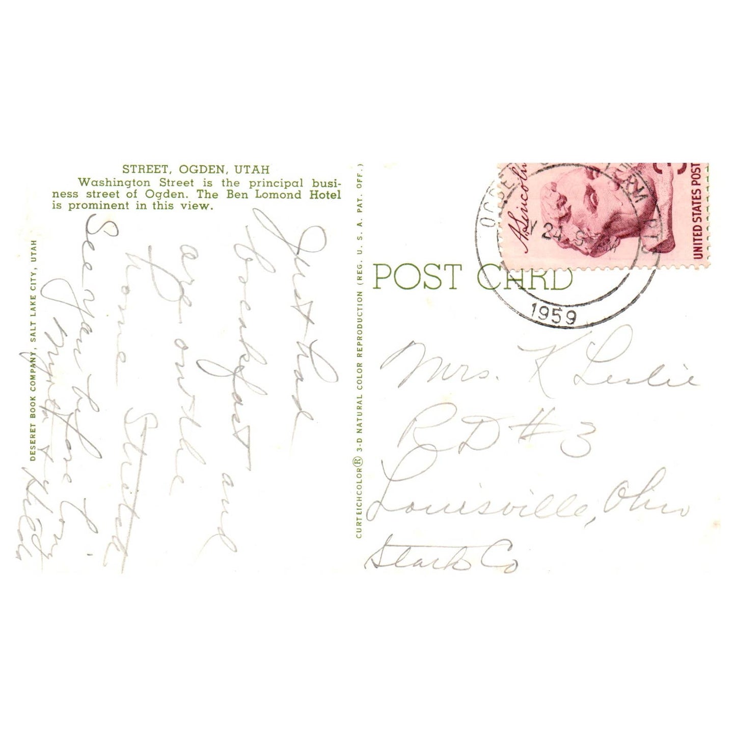 Vintage Postcard - Looking South on Washington Street Ogden Utah 1959 AD9