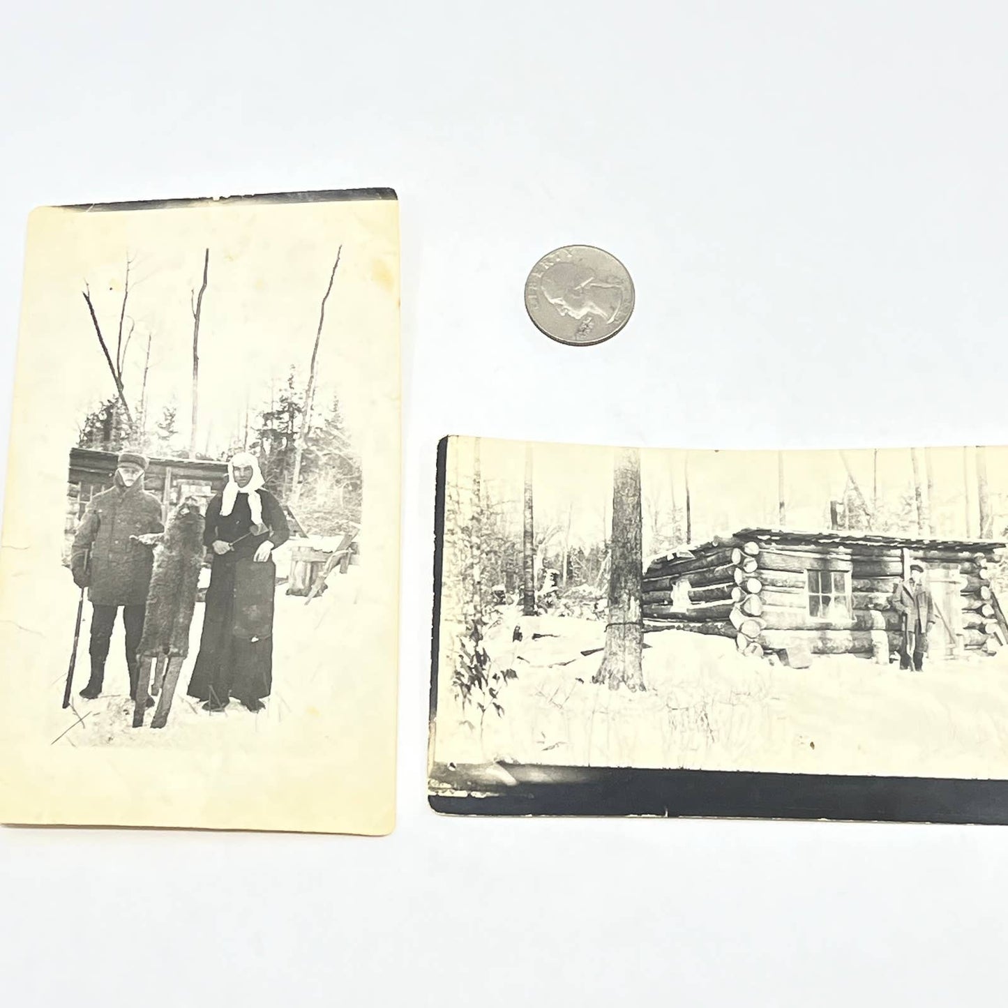 Antique Original Winter Log Cabin Hunting Photo Set of 2 AC2