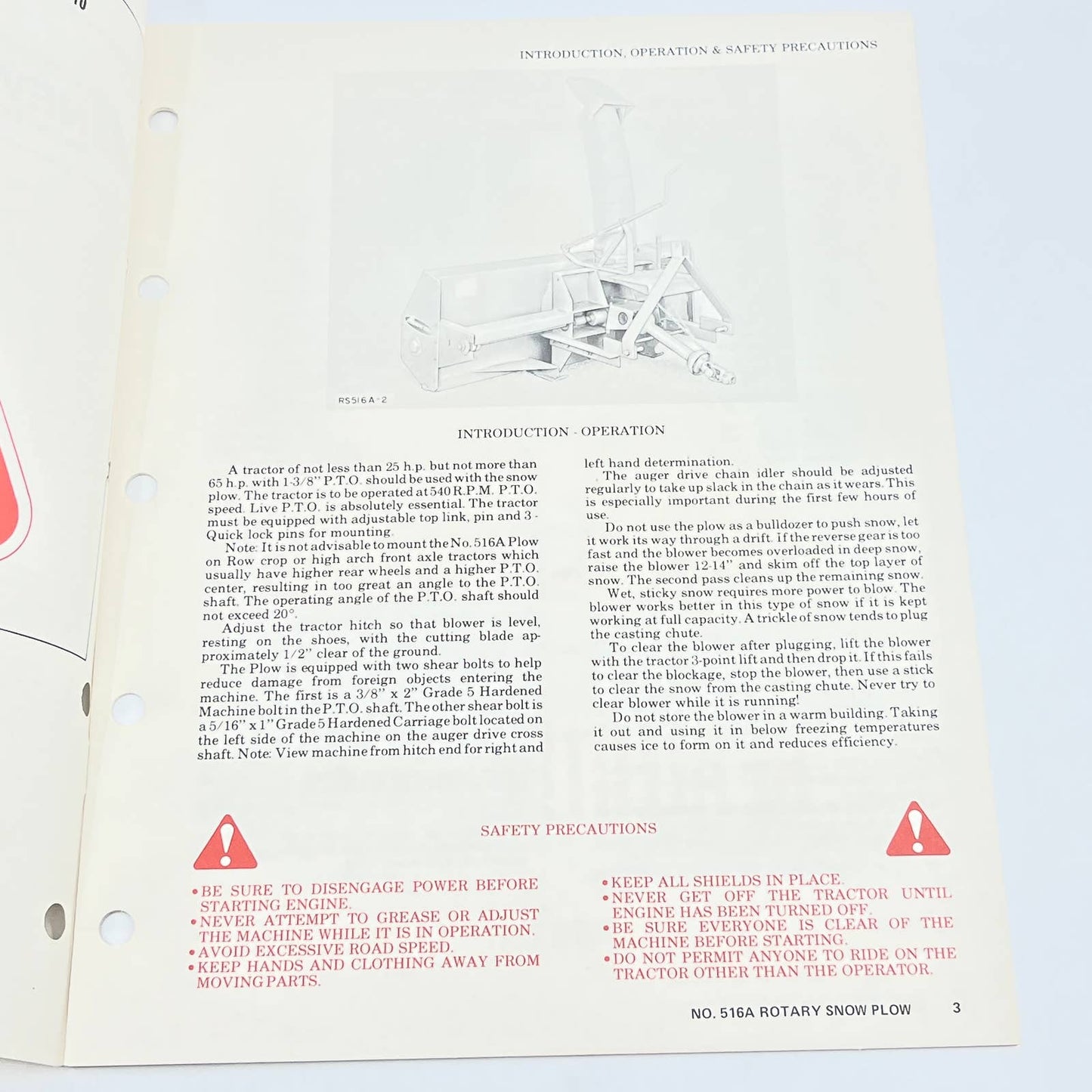 Original 1976 New Idea 516A 3 Point Hitch 7' Rotary Snow Plow RS509 Manual TB9